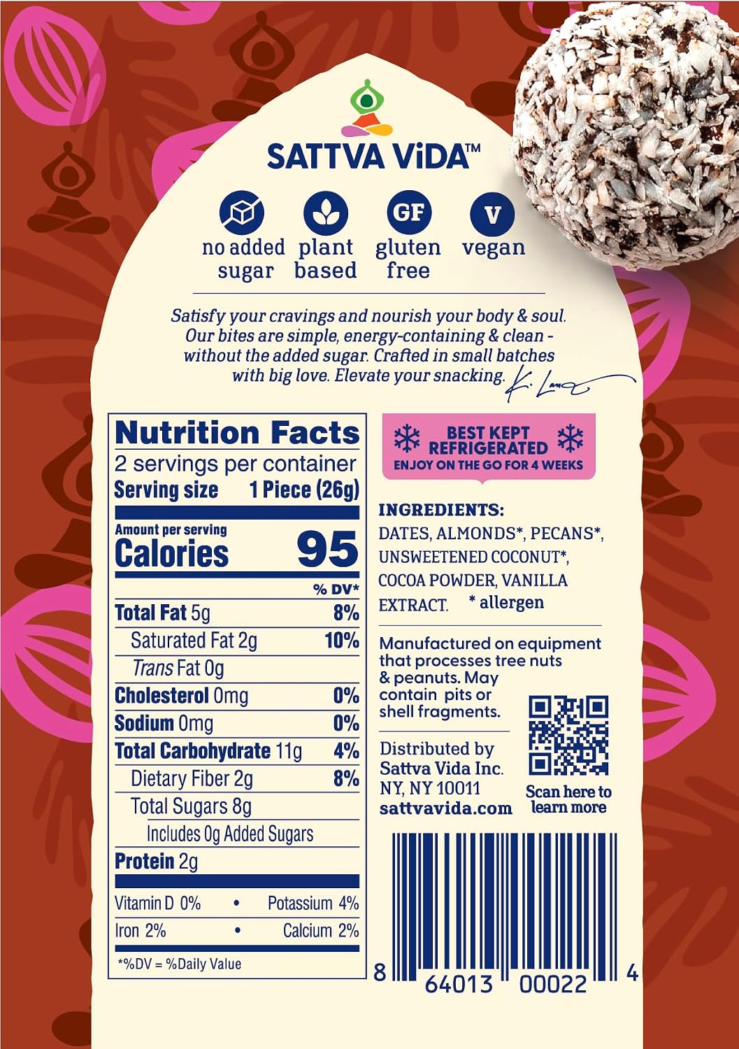 Sattva Vida Energy Bites - Cocoa Craze - Case of 10 with 2 Pieces per Pack, Dates and Nuts Balls, Almonds, Pecans, and Date Based. Cocoa Healthy Minimal Satisfying