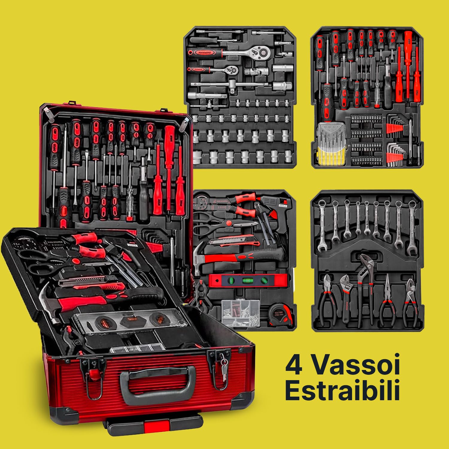 WINTEM - Trolley Porta Attrezzi 699 Pezzi Inclusi, cassetta Attrezzi Completa, Acciaio Cromo-Vanadio (CR-V) - Ruote Silenziate, Manico Telescopico e 4 Vassoi Estraibili - Kit Utensili, Casa e Officina