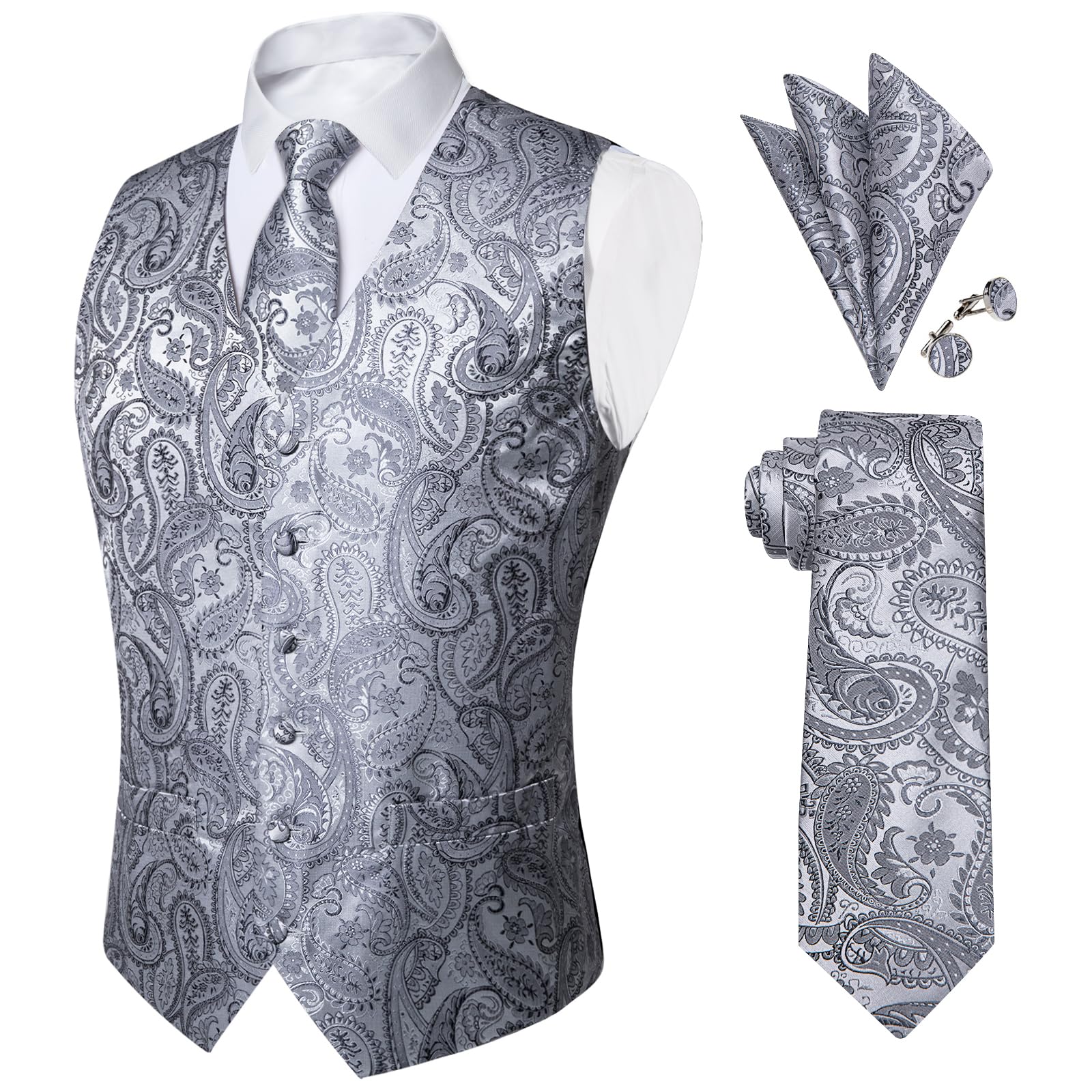 DiBanGu Mens Paisley Vest Silk Sleeveless Suit Vest and Neck Tie Pocket Square Cufflinks Set for Wedding Formal