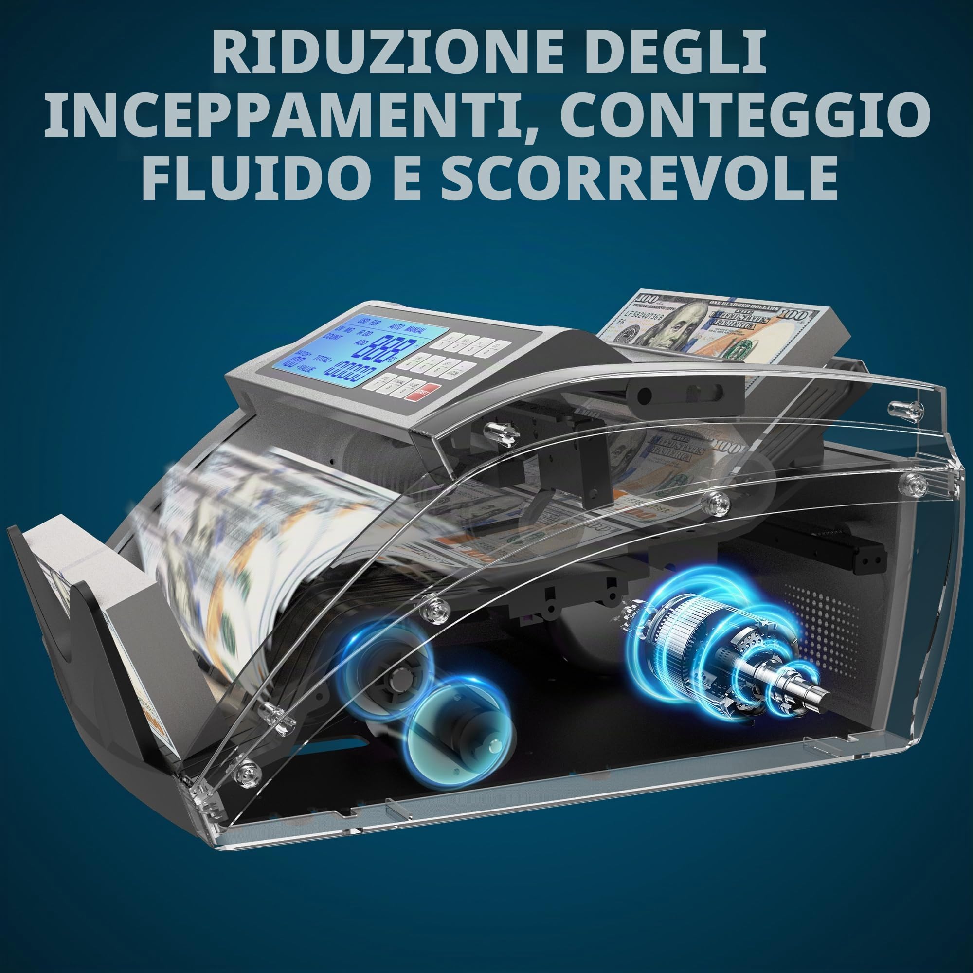 Contatore di denaro PONNOR con valore conteggio banconote, dollaro, euro con UV/MG/IR/DD/DBL/HLF/CHN rilevamento contraffazione, conteggio banconote, grande display LCD
