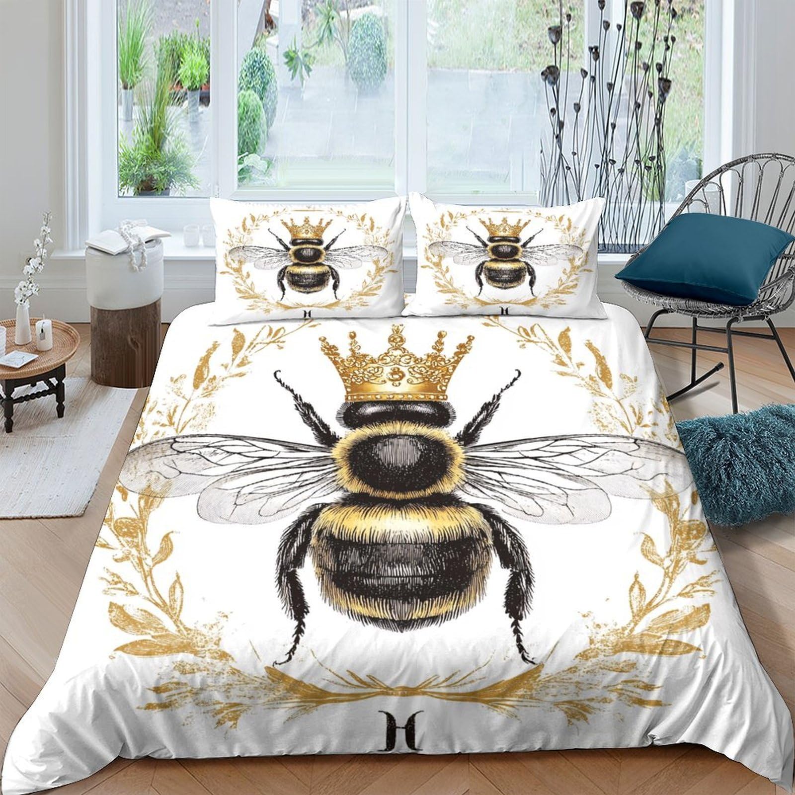 Ctjqhvkz Style-9 3D Printed Royal Bee Fitted Sheet Microfiber Anti-Slip Gold Crown Mattress Cover For Bedroom Dorm Decor Single（135X200cm）