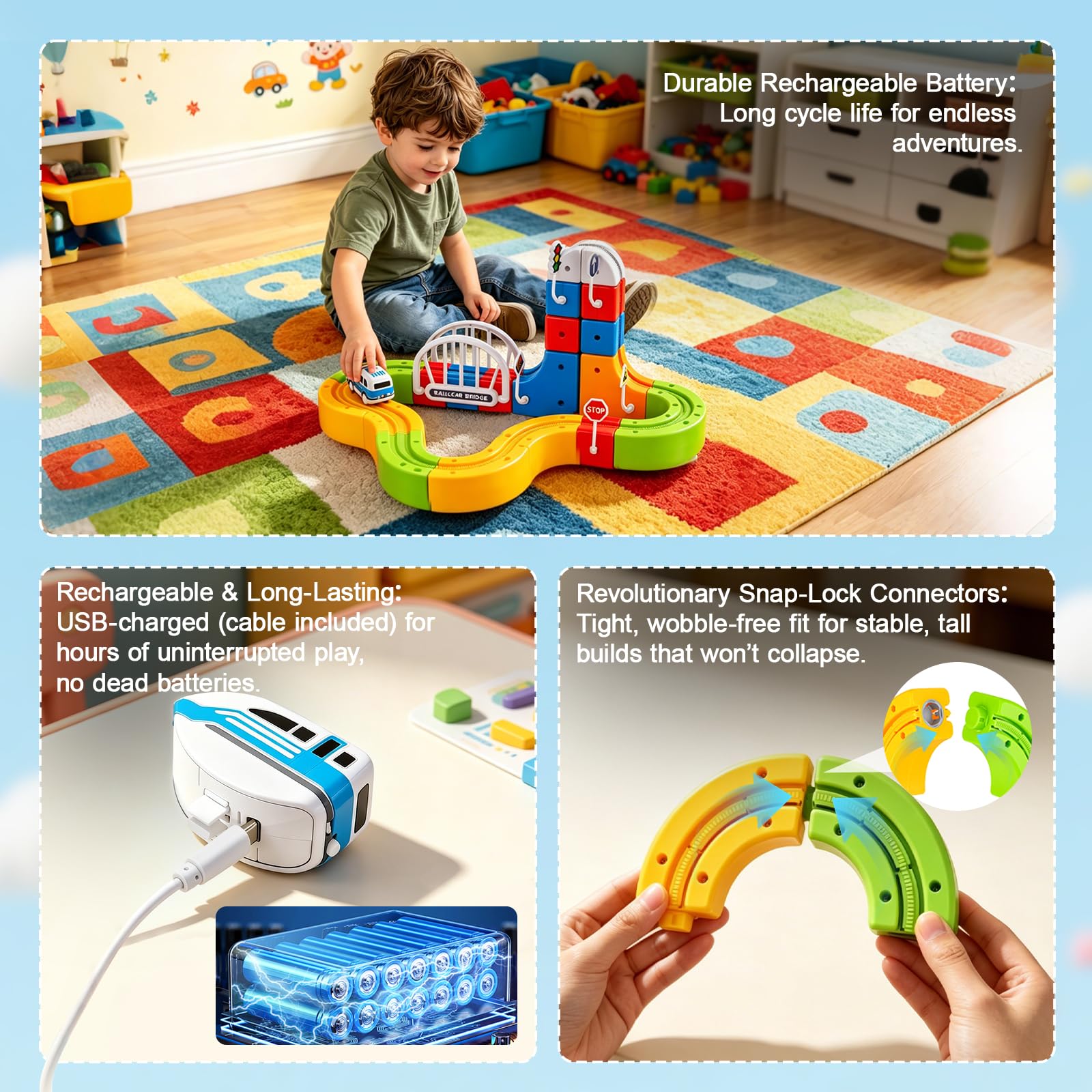 Tren Eléctrico Niños 82 Piezas con 1 Tren – Pista 3D Antigravedad klick-Rail, Bloques de Construcción DIY Cube Track, Juguete Educativo Stem para Niños de 4 a 8 Años