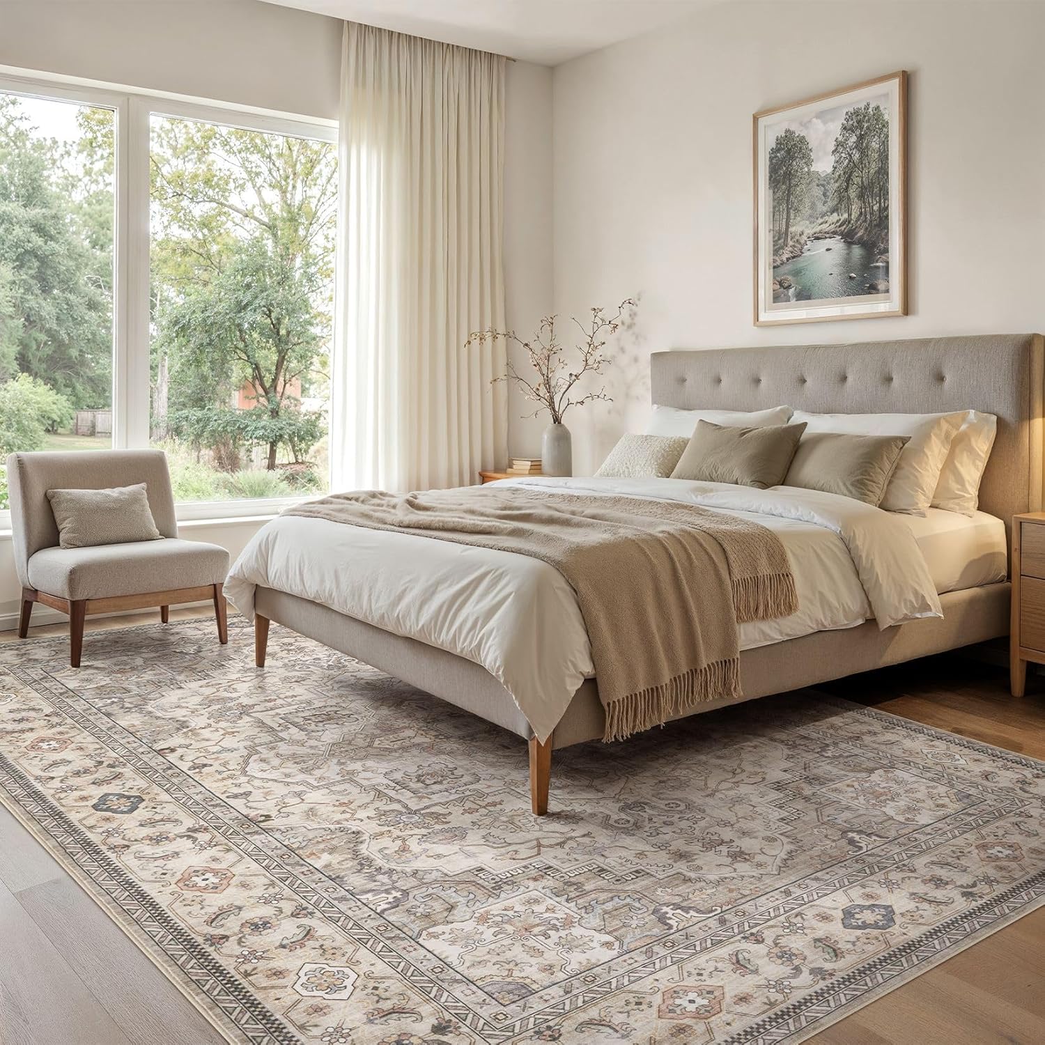 Washable Area Rugs for Living Room - 9x12 Neutral Vintage Distressed Floral Farmhouse Boho Large Soft Floor Rug Indoor Non Slip Carpet for Bedroom Dining Room Office - Brown/Multi - Image 2