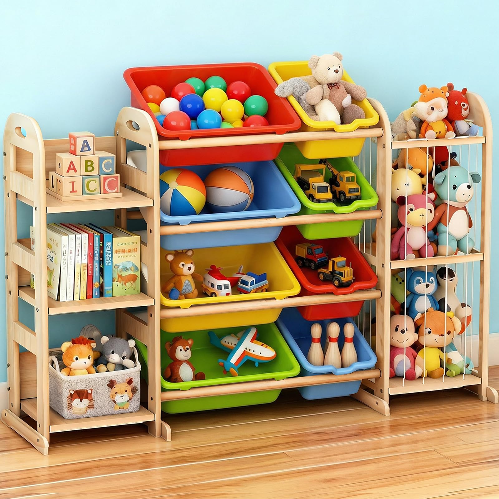 Toy Storage Organizer, Toy Organizers and Storage with Stuffed Animal Storage, Kids Toy Storage Shelf with 3 Shelves 8 Storage Bins, Kids Bookshelf, Toy Holder for Playrooms, Bedrooms, Multi Color