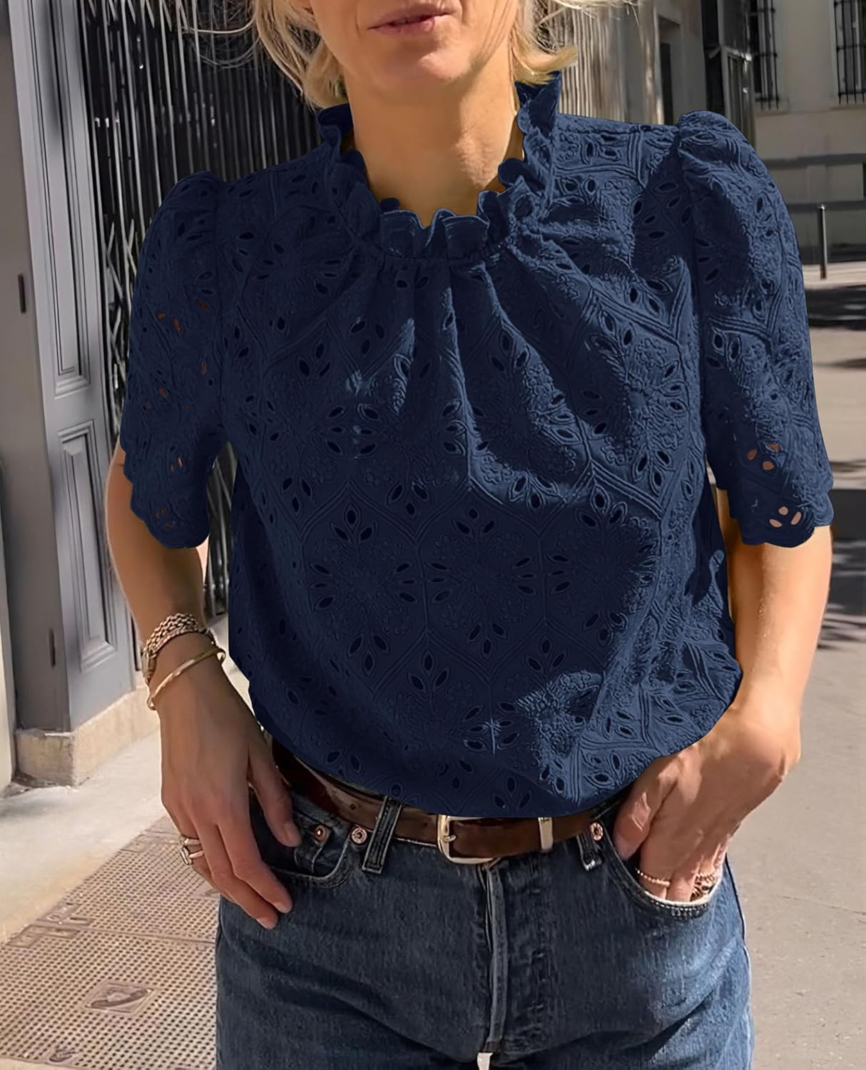 PRETTYGARDEN Summer Tops for Women 2026 Short Sleeve Embroidered Eyelet Shirts Dressy Casual Blouses Spring Fashion Clothes - Image 3