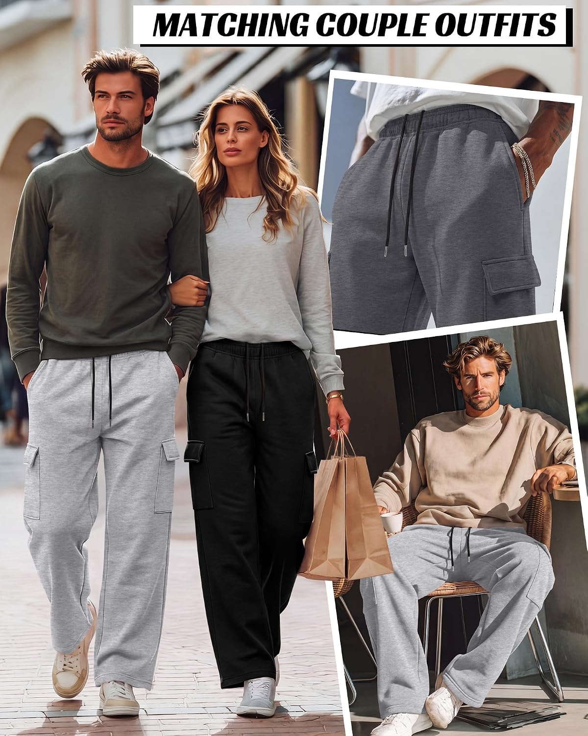 Ficerd 3 Pack Men's Cargo Sweatpants Joggers | 3 Pack, Men's Cargo Sweatpants Joggers, Elastic Drawstring Waist, Straight Leg, Loose Fit, Pockets, Workout Casual Wear