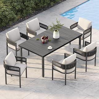 Grand Patio 7-Piece Outdoor Dining Set for 6: Woven Wicker Chairs with Thick Cushions & Woodgrain Table w/ Umbrella Hole, Black
