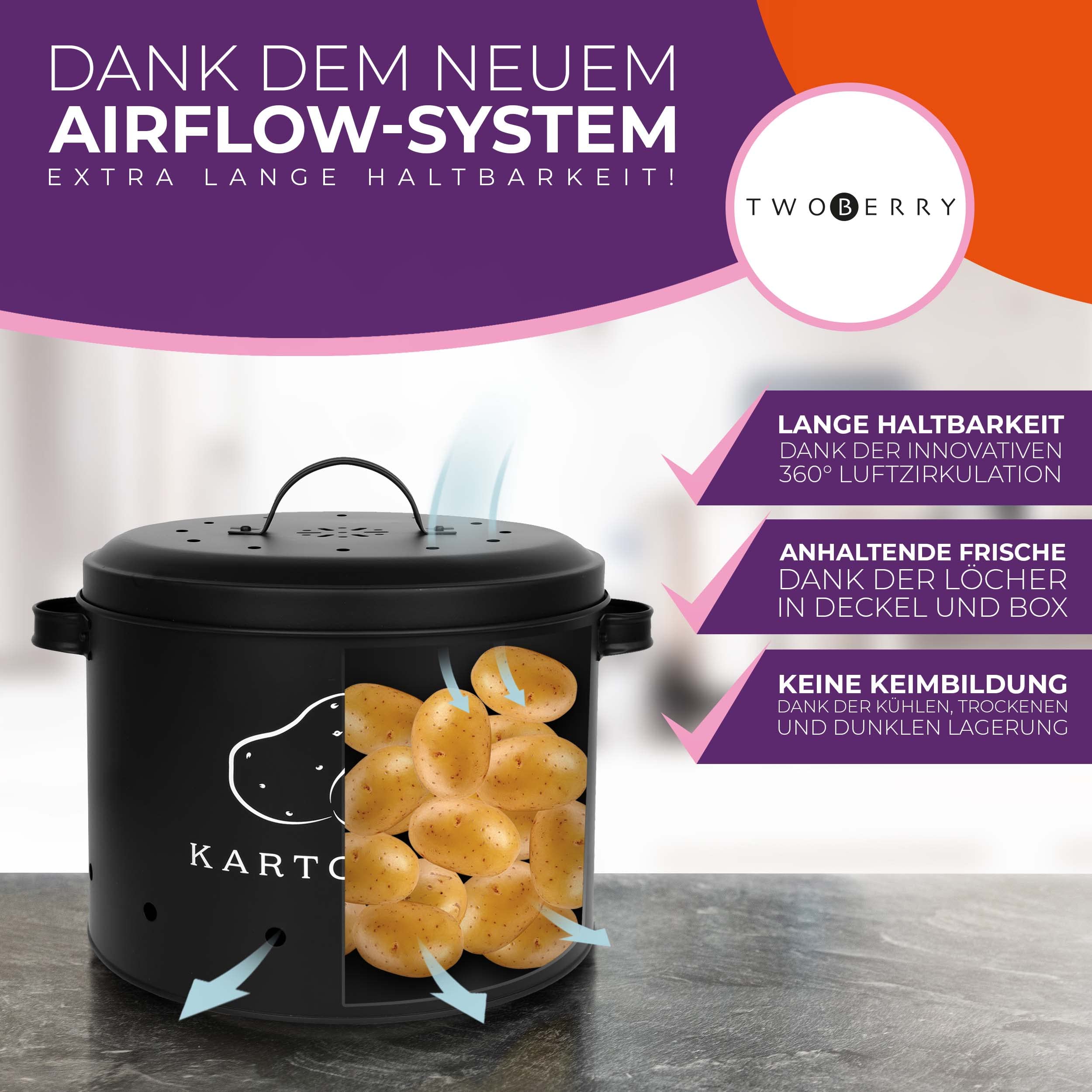 TWOBERRY Kartoffel Aufbewahrungsbox [3er Set] inkl. Sparschäler- längere Haltbarkeit durch 360° Luftzirkulation - Zwiebel Aufbewahrung, Kartoffel Aufbewahrung & Knoblauch Aufbewahrun Küche