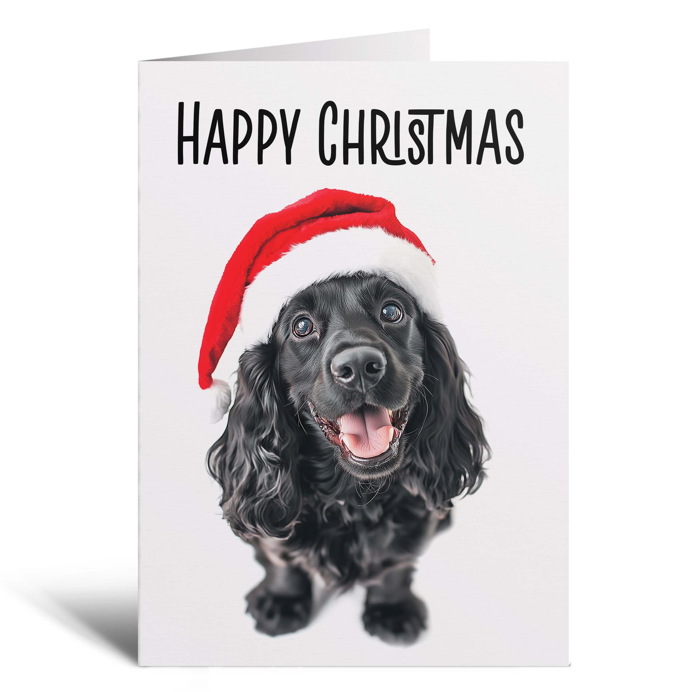 Postcard Prints - Fun Christmas Card of a Black Cocker Spaniel Dog Wearing A Santa Hat Whimsical Christmas Card For Animal Lover For Him or Her - 5 Cards