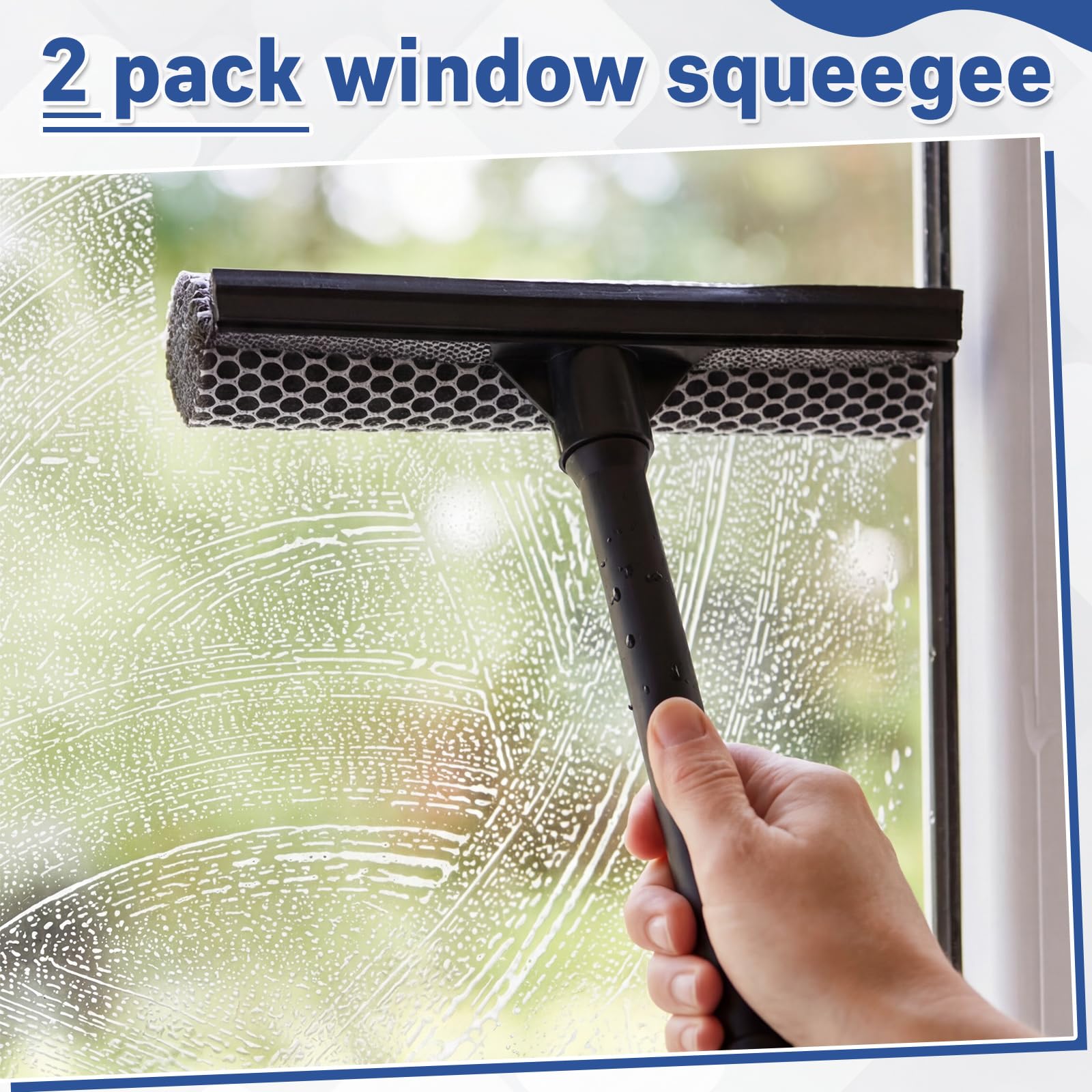 Zhengmy 2 escobillas de ventana de 15.8 pulgadas con mango largo para coche, herramienta de limpieza de ventanas de automóvil 2 en 1, esponja para gasolinera, hogar, automóvil, vidrio, ducha, limpieza
