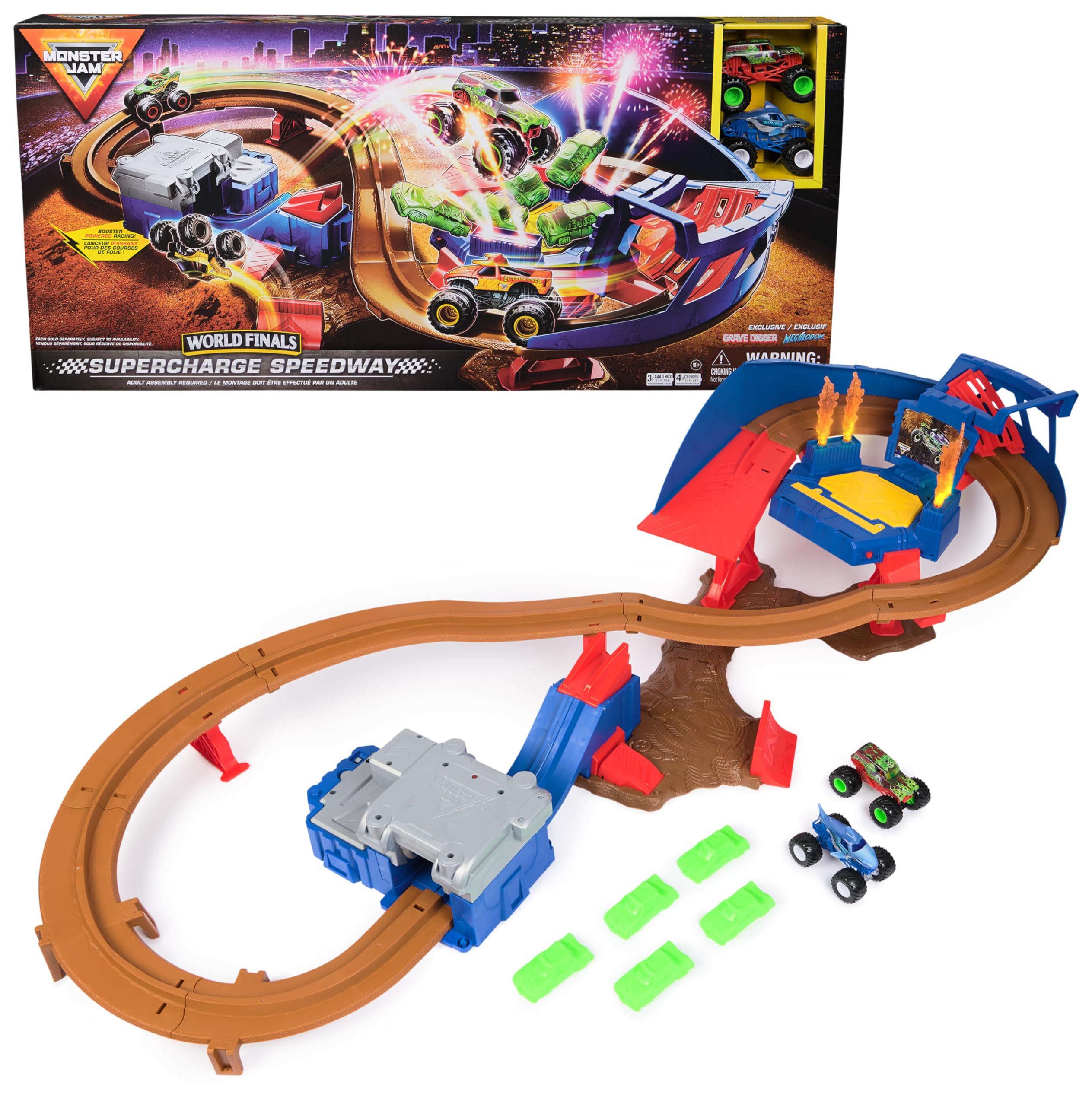 Monster Jam, Supercharge Speedway Spielset, mit den Trucks Megalodon und EL Toro Loco im Maßstab 1:64, actiongeladene motorisierte Stunt-Strecke mit Rampen, Beleuchtung und viel Zubehör, ab 3 Jahren | Maßstab 1:64, El Toro Loco und Megalodon, kompatibel m