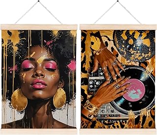 FITIE Trendy Inspirational Black Woman Vinyl Record Canvas Wall Art Poster Hanger Frames, Vintage Musician CD Record Player Wall Decor Prints for Music Room Studio Girls Room Dorm Apartment, 12x16 Inches Set of 2
