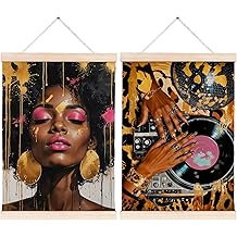 FITIE Trendy Inspirational Black Woman Vinyl Record Canvas Wall Art Poster Hanger Frames, Vintage Musician CD Record Player Wall Decor Prints for Music Room Studio Girls Room Dorm Apartment, 12x16 Inches Set of 2