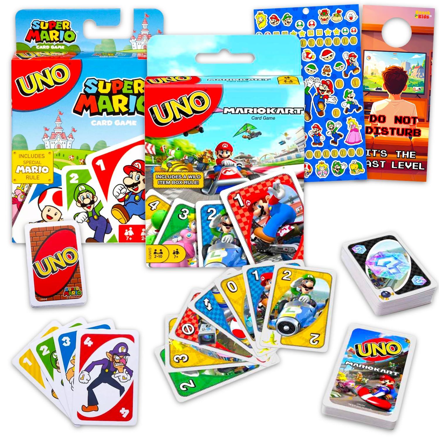 Ultimate Super Mario UNO Lot de cartes – Ensemble avec 2 jeux de cartes de jeu vidéo UNO pour enfants et autocollants, plus | Activités Super Mario Bros pour enfants, soirée de jeu en famille