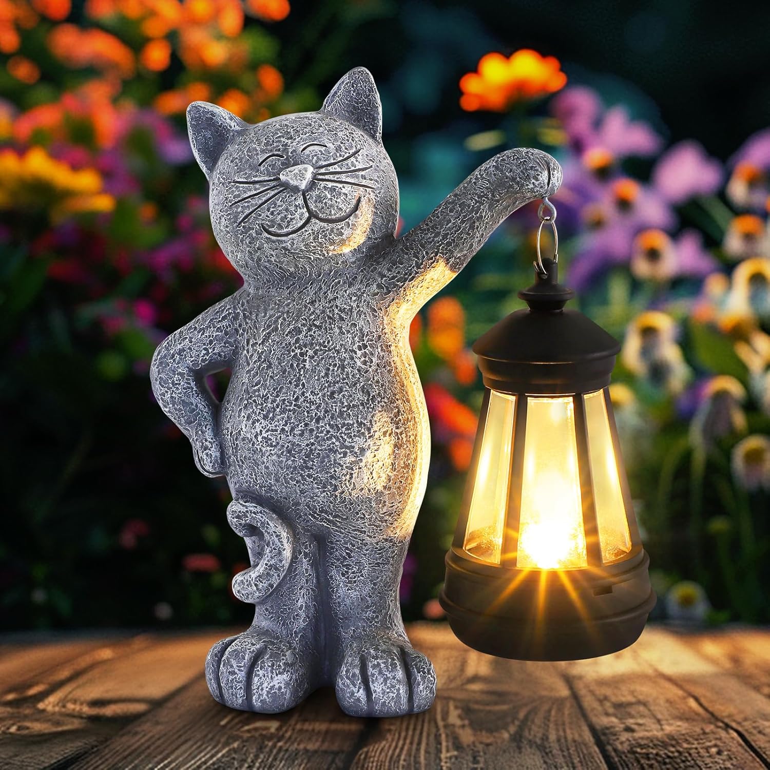 Solar Garden Statues Cat with LED Lights, Outdoor Decor Cat Figurines, Birthday Gifts for Women Mom Men, Outdoor Garden Decor for Cat Lover, Yard Decor Art Lawn Patio Balcony
