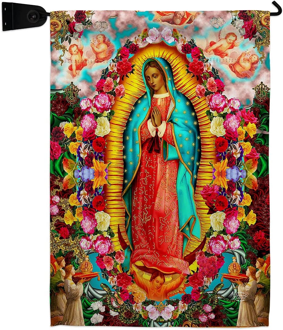 Our Lady of Guadalupe Garden Flag Set Wall Holder Religious Faith Hope Grace Peace Dove Christian Religion Easter Small Decorative Gift Yard House Banner Double-Sided Made In USA 13 X 18.5