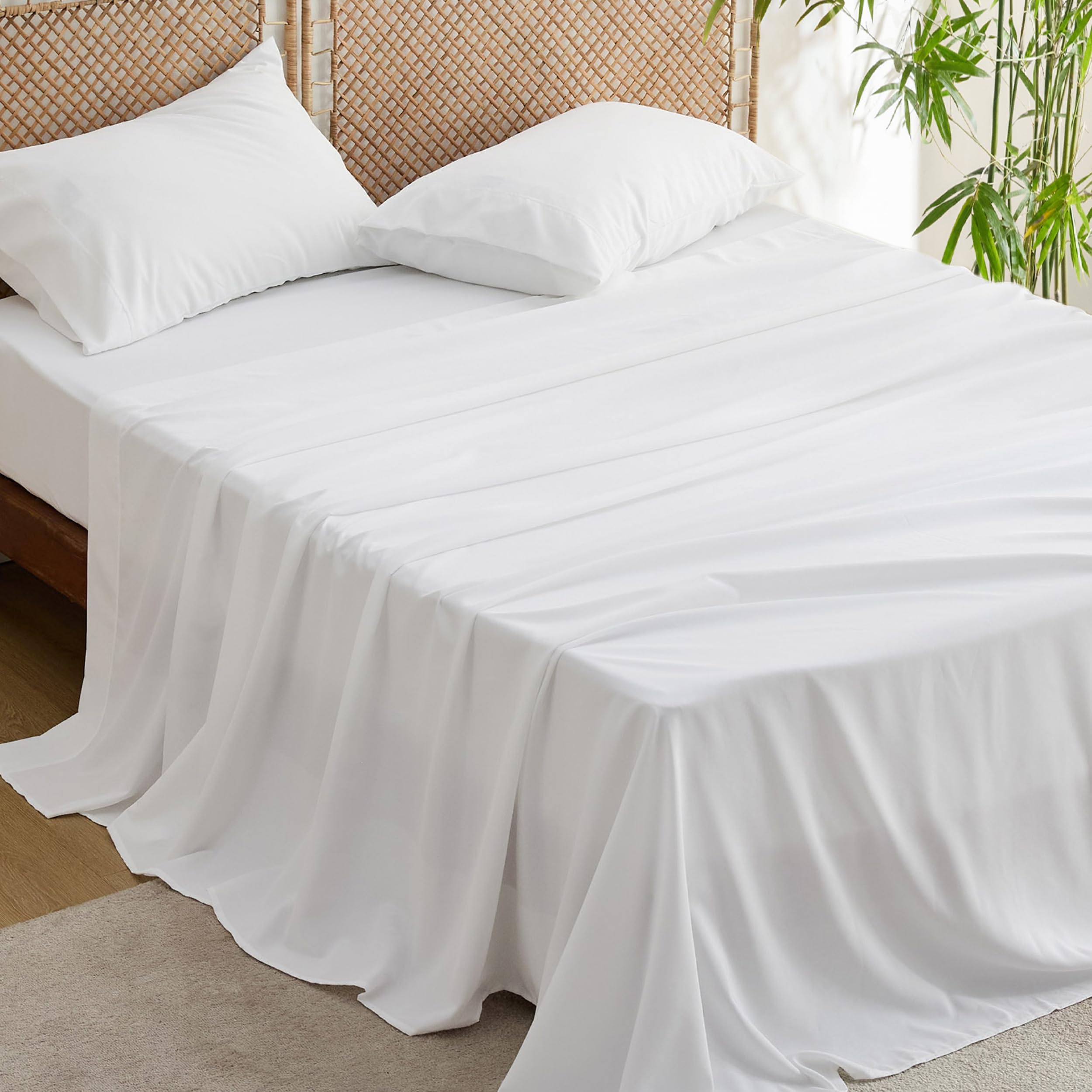 BedsureCooling King Size Sheets Set, Blend of Rayon Derived from Bamboo Sheets, Breathable Soft & Silky, GentleSoft™ Hotel Luxury Bedding Set, Deep Pocket Bedsheets for Hot Sleepers - WhiteOEKO-TEX STANDARD 100