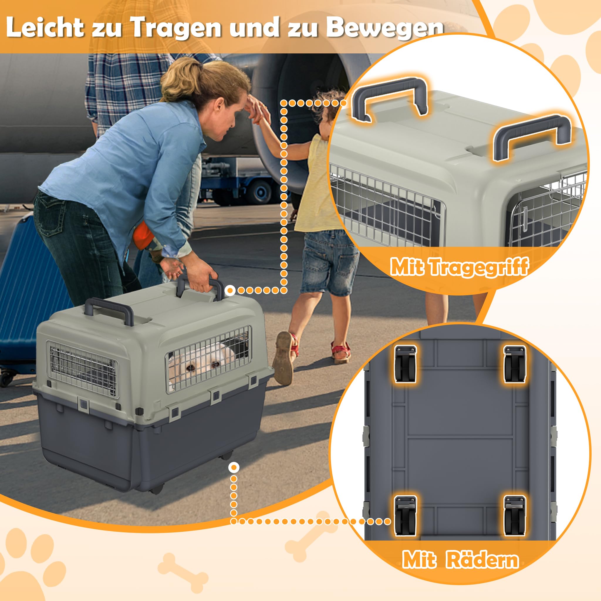 Froadp Trasportino per animali domestici, cani, gatti, in plastica PP, 80 x 57 x 70 cm, trasportino per gatti con ruote e distanziatori per urine e ciotole da appendere