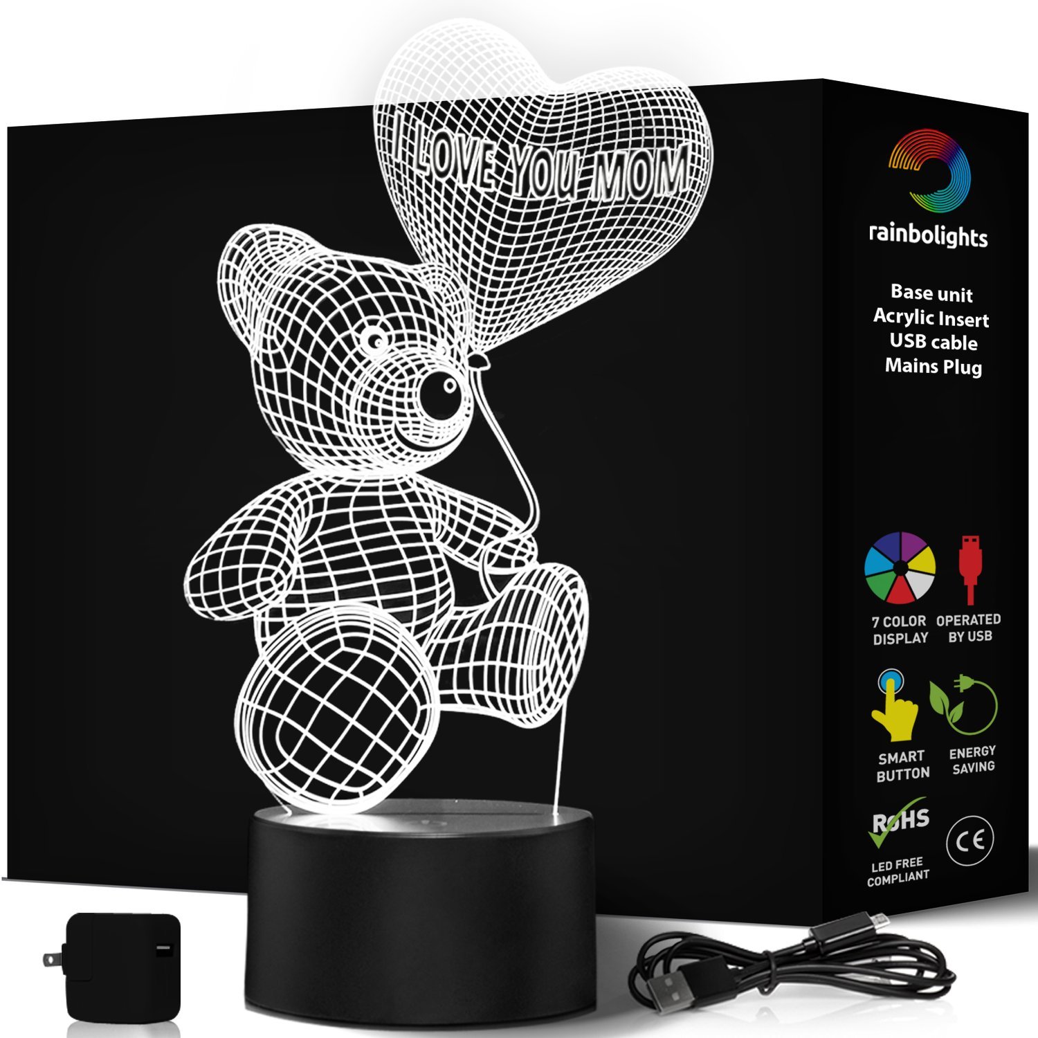rainbolights I Love You MOM Gift Amazing 3D Illusion Light Teddy Bear with Balloon 7 Color A Great Valentines Gift IDEA for Mommy