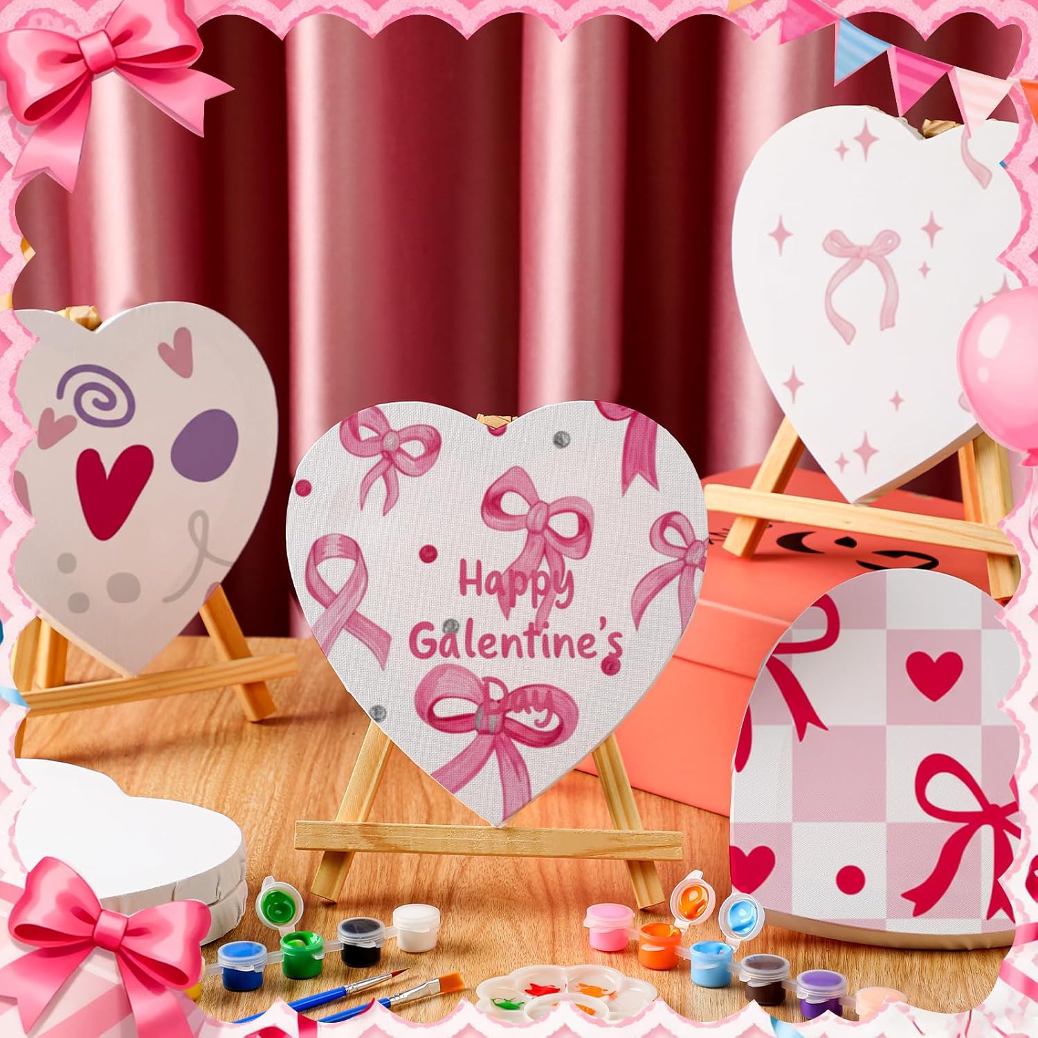 Tenceur 6 Sets Galentines Heart Shaped Canvas Kits 7.87 Inch Canvas Painting Set for Adults Ready to Paint Stretched Blank Board for Valentines Galentines Day Girls Ladies Night Friends Gift for Women