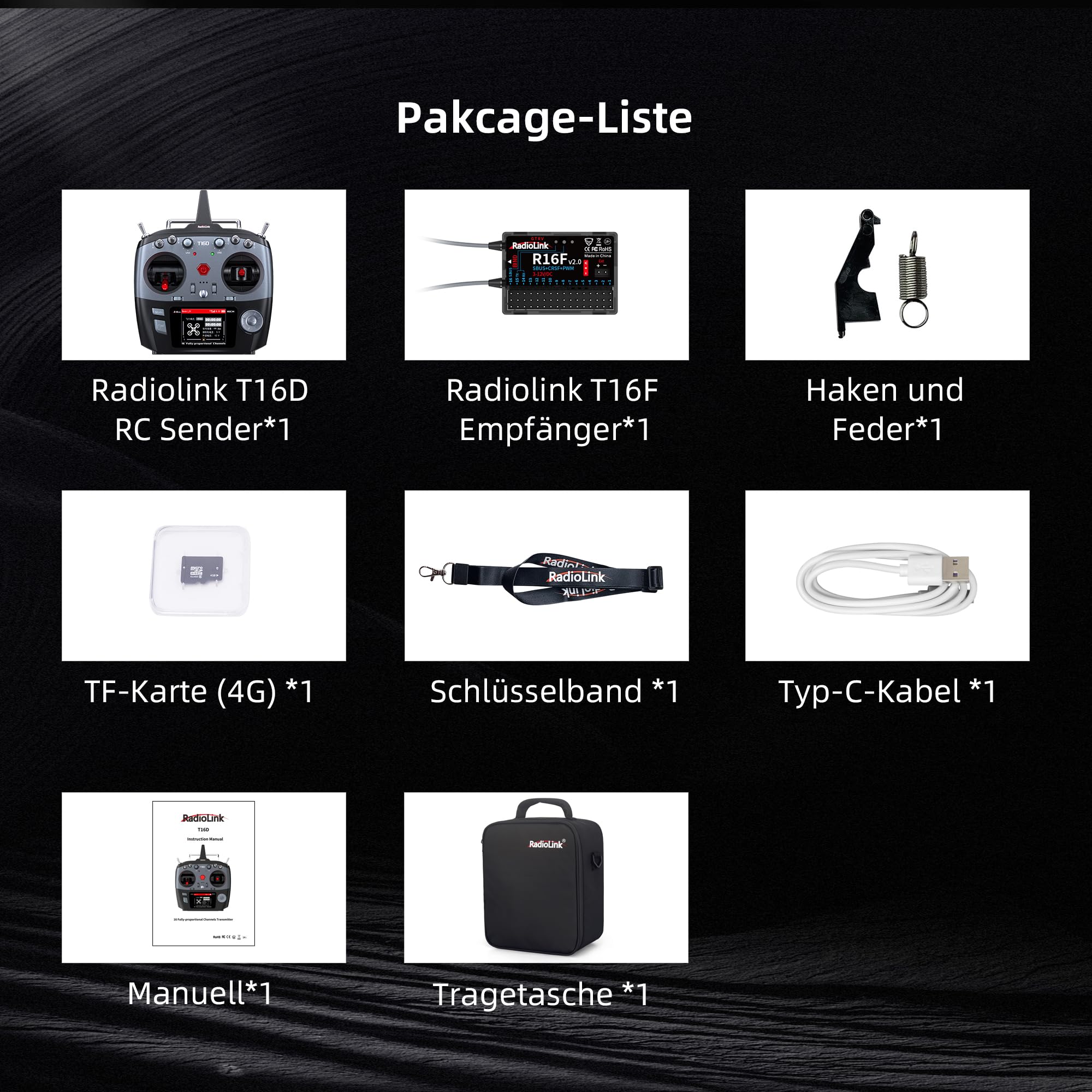 Radiolink T16D 16CH 2.4G RC Sender und R16F Empfänger | ELRS, Crossfire Module, Benutzerdefinierter Sprachübertragung, 100 Modelle, für RC-Flugzeuge, Drohnen, Autos und Boote