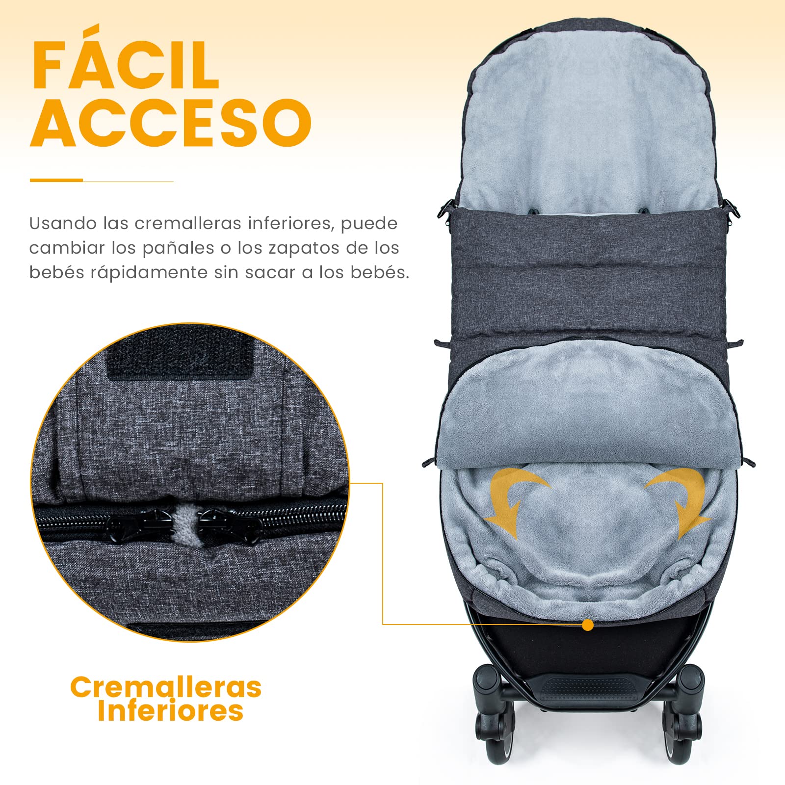 Orzbow Saco Silla Paseo Universal Invierno, Impermeable Saco Carro Bebe con Bolsa, Desmontable Saco Silla de Paseo con Cremallera Lateral Ajustable, Forro Cálido Coral, Forma de L, Gris Oscuro