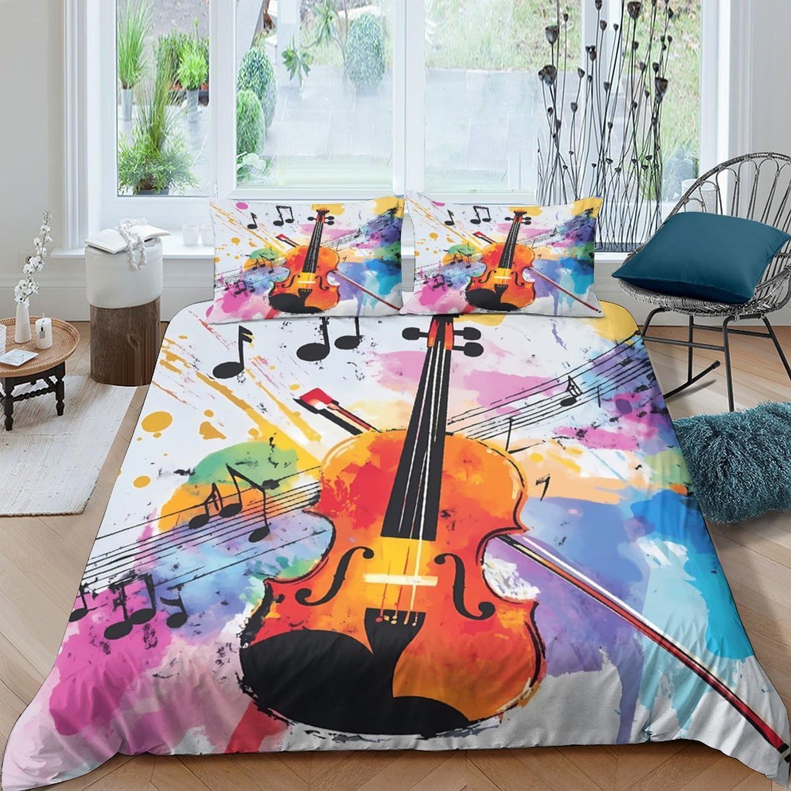 Ctjqhvkz Style-6 3D Printed Watercolor Violin Fitted Sheet Microfiber Soft Colorful Music Note Bed Cover For Bedroom Dorm Mattress Decor Single（135X200cm）