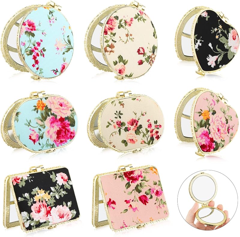 Blulu Espelhos compactos florais com borda dourada, 8 unidades