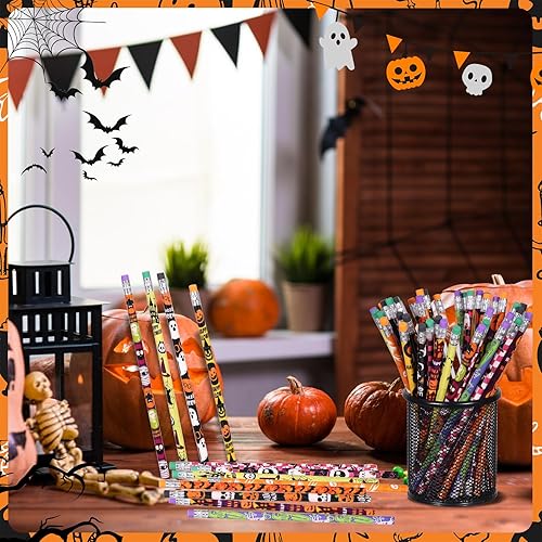 Miniatura 5 de 24 lápices de Halloween con borrador, surtido de lápices temáticos de Halloween, fantasma, calabaza, esqueleto, murciélago, araña, lápices de madera