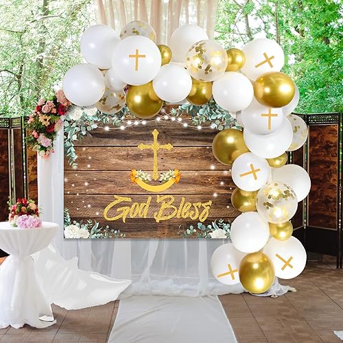 Miniatura 7 de HyDren Juego de 70 piezas de decoración de bautizo Mi Bautizo guirnalda de globos dorados y blancos con fondo de madera rústica que Dios bendiga