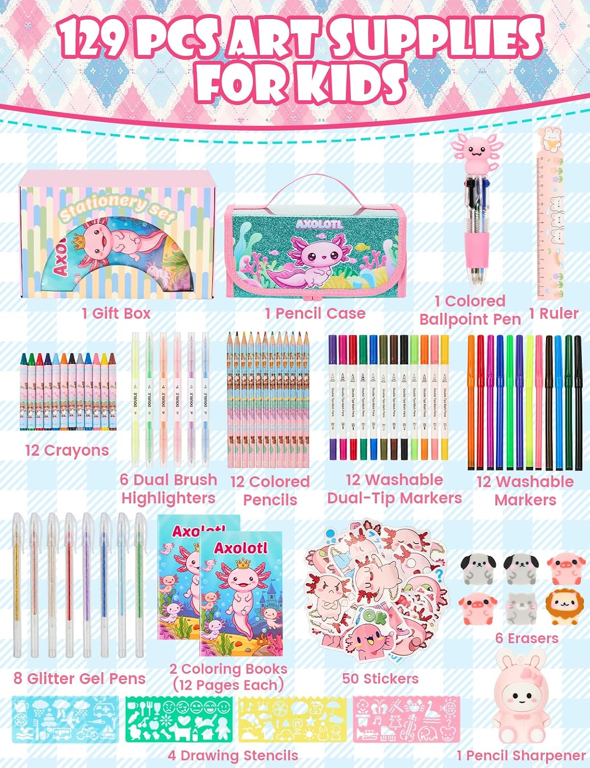 Defresit 129 PCS Washable Markers Set- Axolotl Gifts for Girls, Art Supplies for Kids with Glitter Pencil Case, Coloring Kits for Kids, Ideal Gifts for Birthday Christmas Back to School