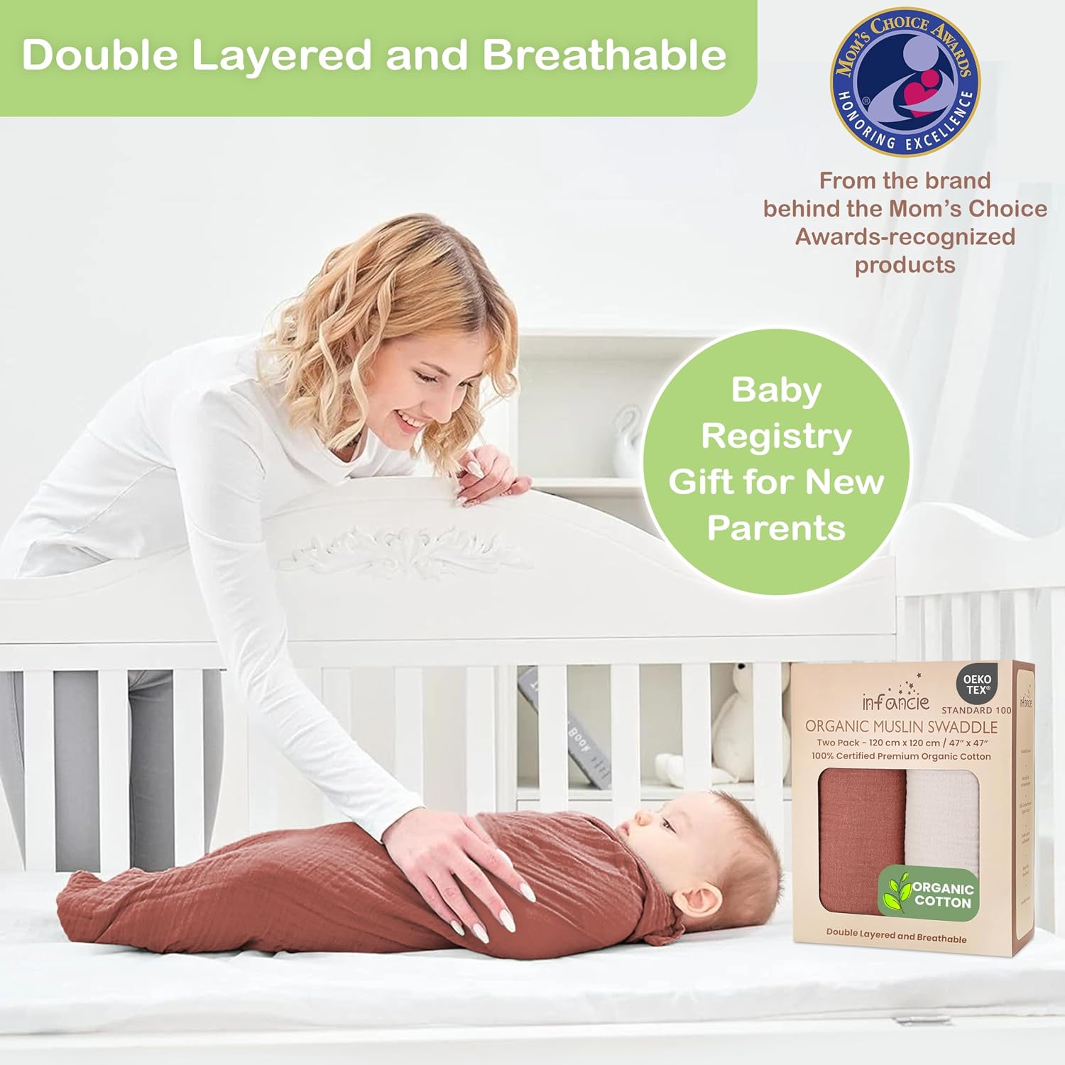 100% Organic Cotton Muslin Baby Blanket - 47 x 47 Inch Breathable Swaddle Blankets, Hypoallergenic Double-Layer, Soft and Cozy Newborn Baby Blanket for Sleeping and Everyday Use (Rust/Ivory)