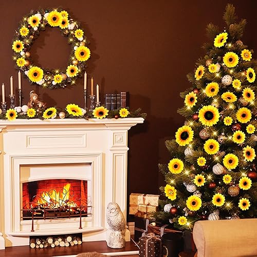 Miniatura 3 de Crowye 124 adornos de árbol de girasol de Navidad, girasoles amarillos, decoraciones de Navidad, girasoles artificiales grandes, adornos de mini