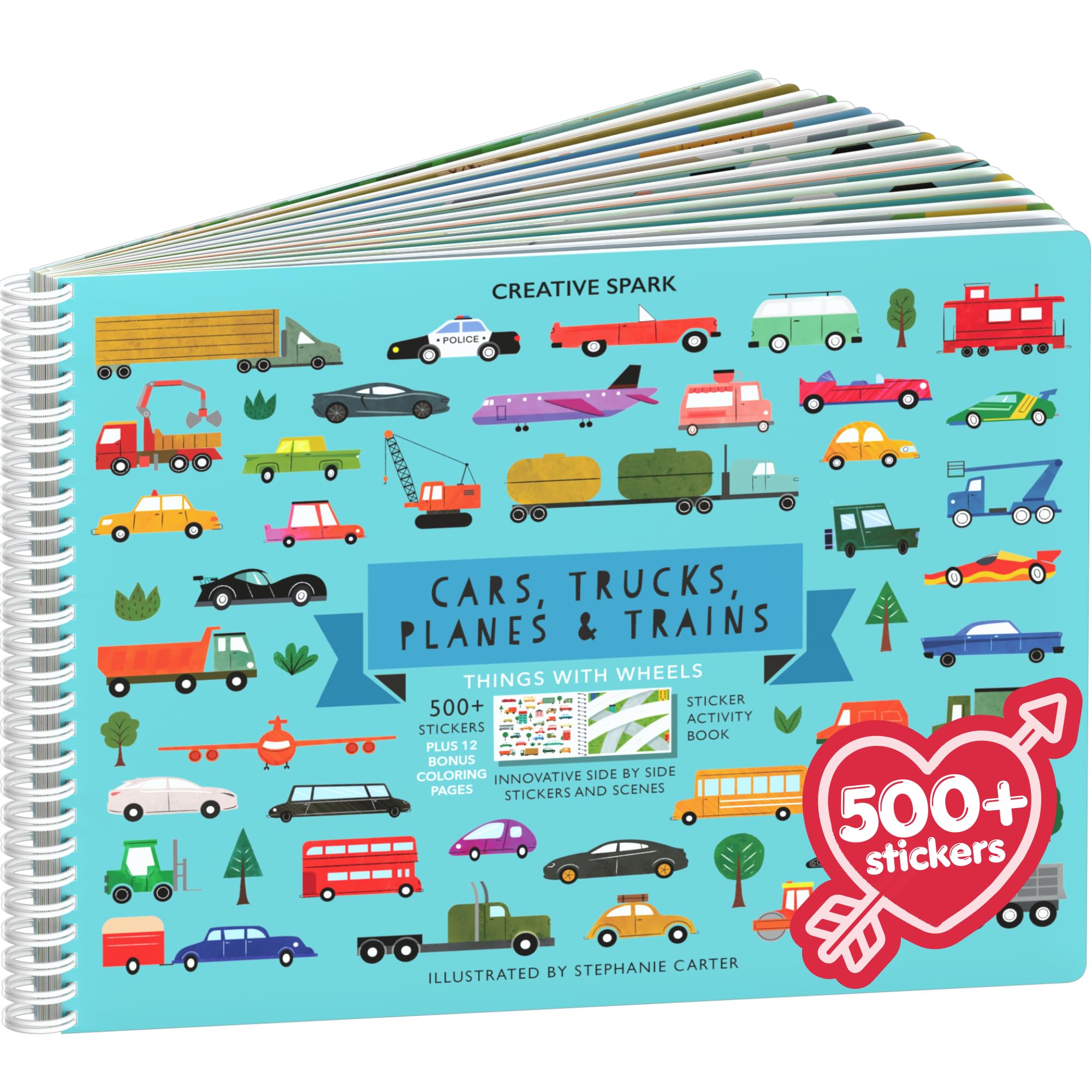 CUPKIN Sticker Book for Kids 2-4, 500+ Kids Stickers, Cars, Trucks, Planes & Trains 12 Coloring Pages 12 Side by Side Scenes, Fun Toddler Travel Activity Coloring and Sticker Books for Ages 4-8 + 8-10