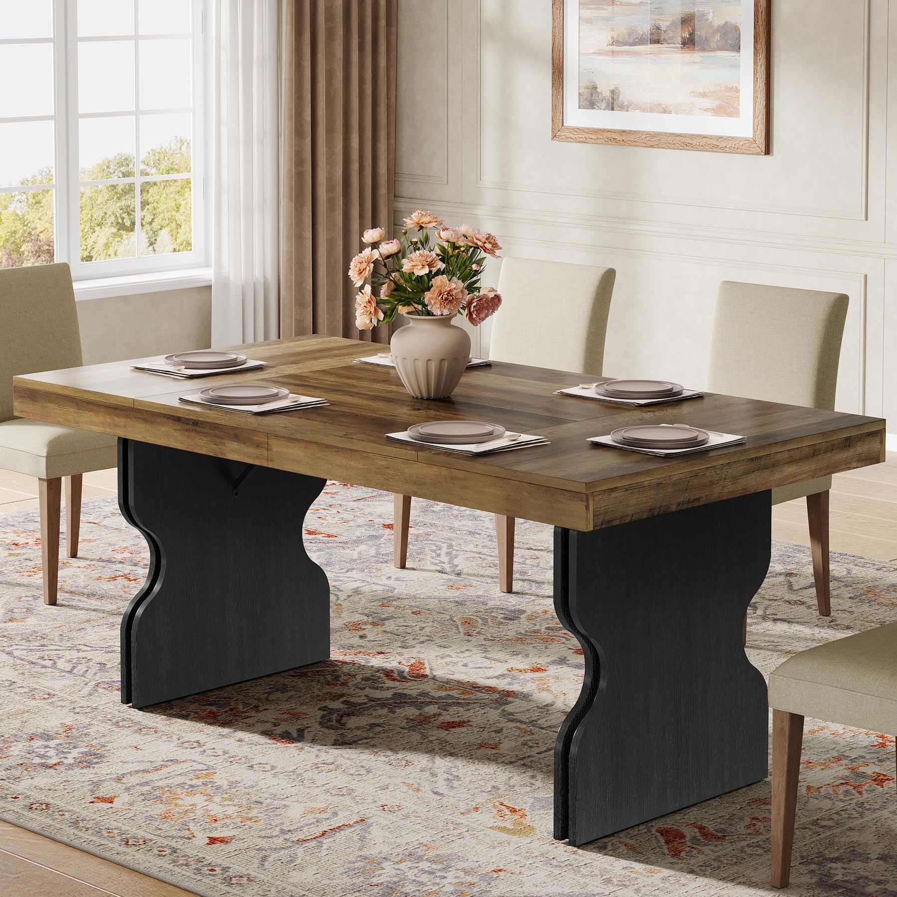 Tribesigns Table à manger rectangulaire rustique de 160 cm pour 4 à 6 personnes, table de cuisine de ferme stable en MDF pour salon, bureau, restaurant, multi-usages, chêne