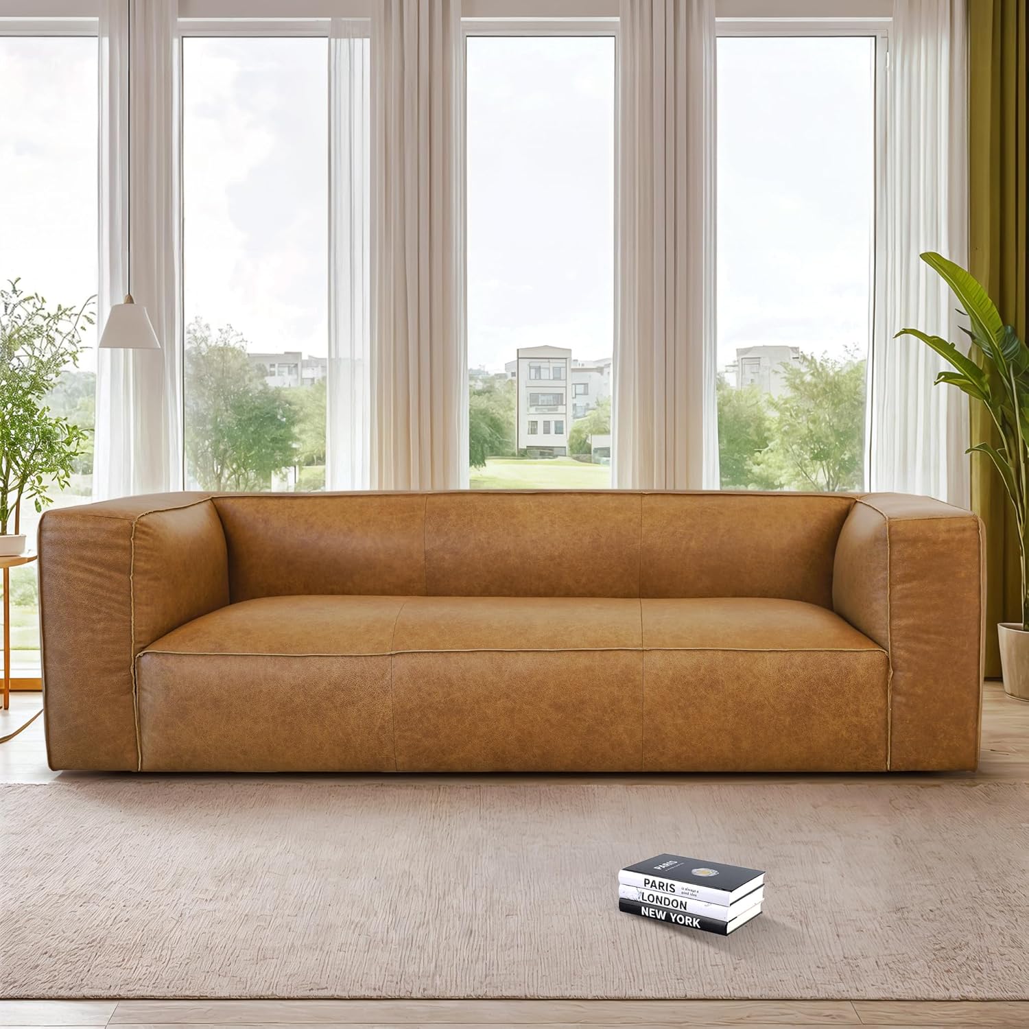 Brown Leather Floor Couch Sofa - Mid Century Modern Tight Back Couches for Living Room, Apartment, Loft, and Office, Genuine Leather, Cognac Tan, Pattison