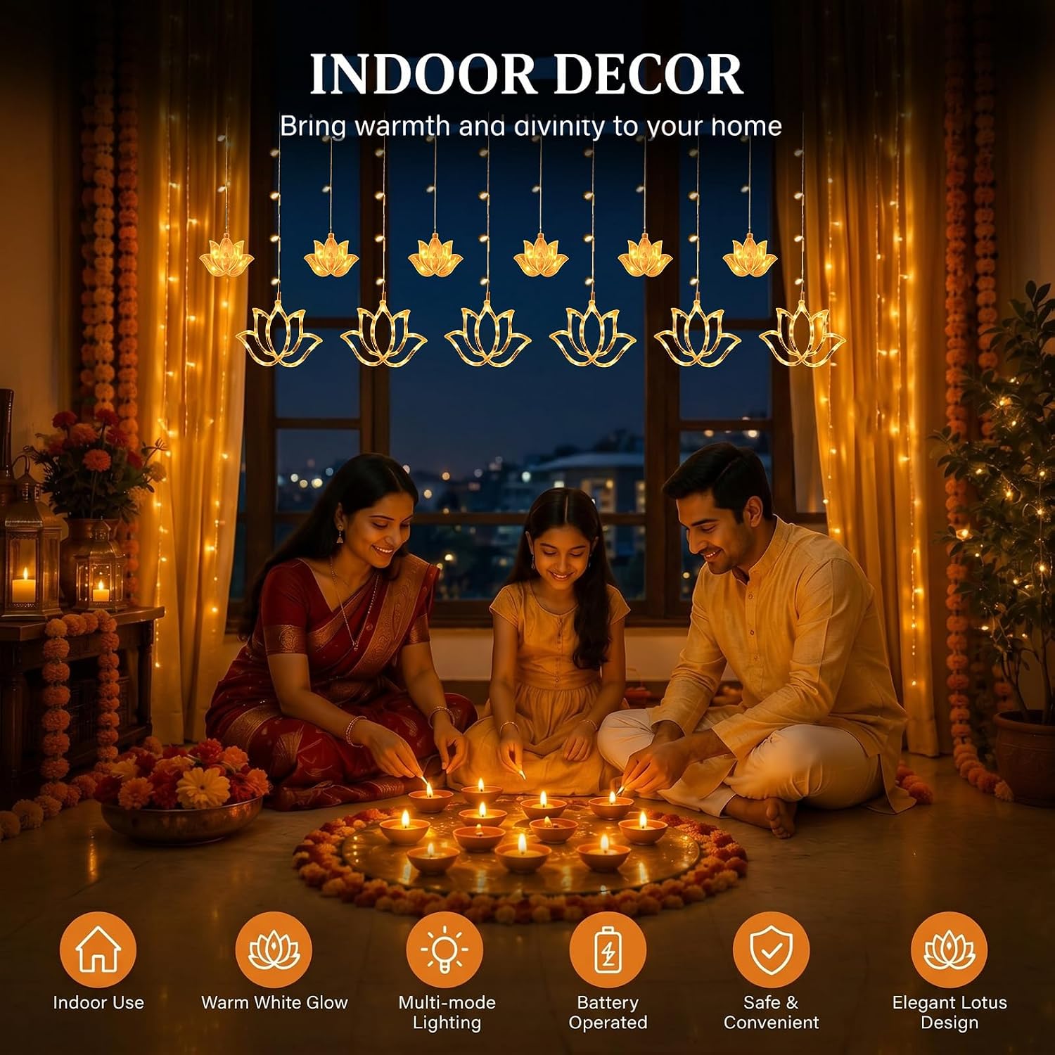 VIHOSE Diwali Lotus Curtain Lights 9.84 FT 120 LEDs Indian Hanging String Lights Diwali Decorations for Home Battery Powered Warm White Lighted Lotus Indoor Outdoor Window Wall Pooja Mandir