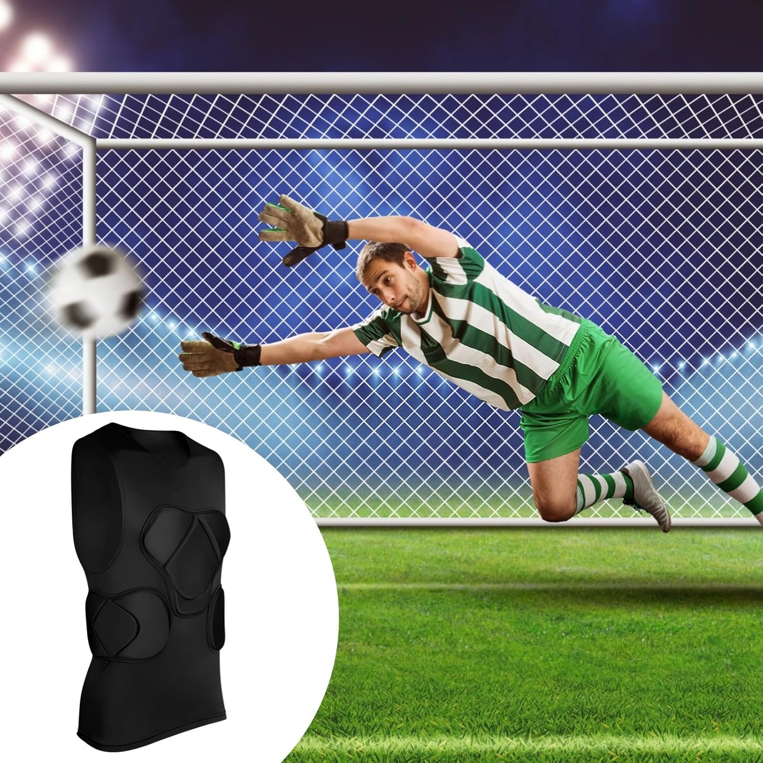 Soccer Breathable Goalkeeper Vest, Padded Black Sleeveless Protective Design, Polyester Fabric, S-Xl Sizes, For Rugby And Paintballing