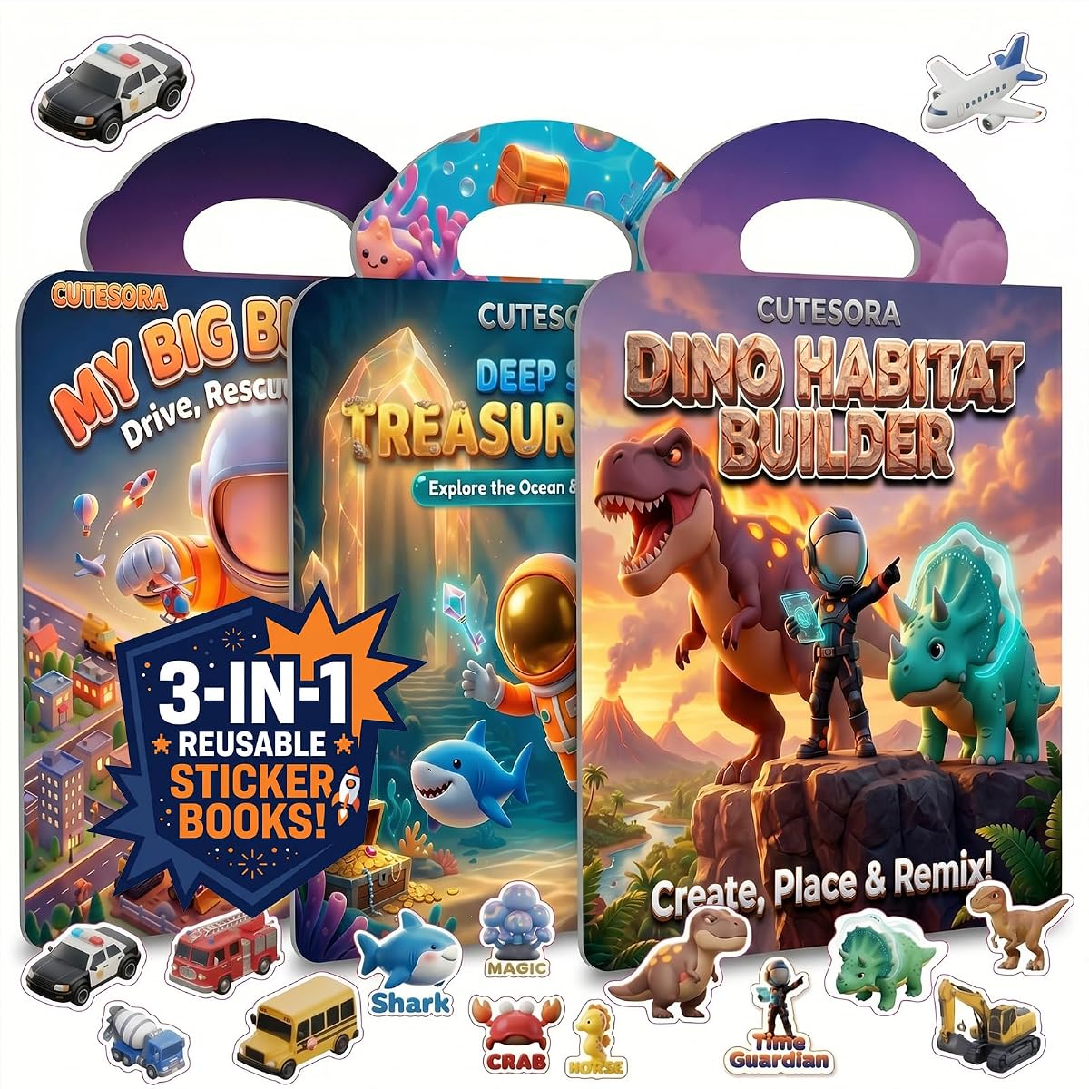 Large Reusable Jelly Sticker Books for Boys 4-8, Kids 3-6, 3 Sets | 3D Puffy Stickers | Sticker Activity Toy | Quiet Travel Toys | Screen-Free Play | Boys Gift Ages 3-8