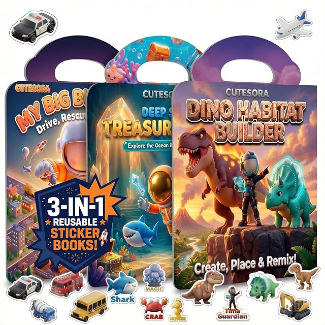 Cutesora Pack de 3 Libros de Pegatinas Reutilizables 3D, Sticker Book