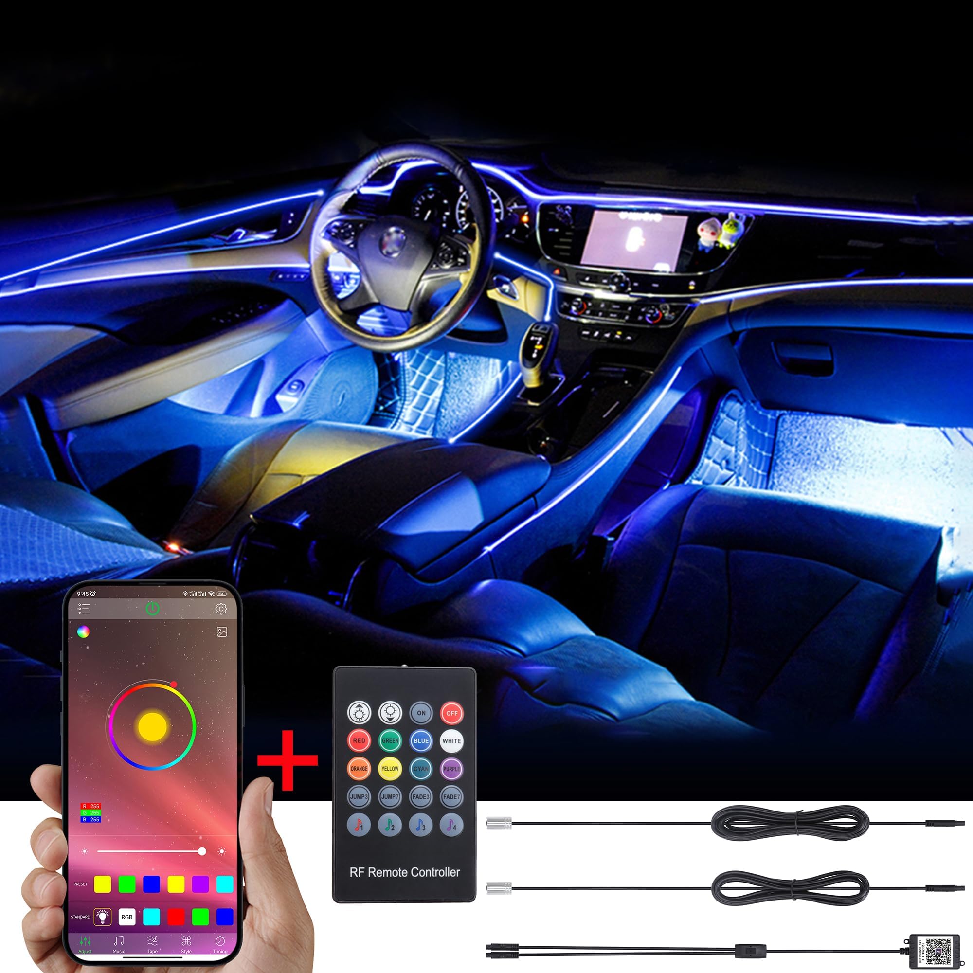 TABEN Ambient Light APP Control + RGB Remote Controller Car Atmosphere Light Lamp Soft DIY Refit Optic Fiber Band 64 Colors Interior Lighting Decorative Light 1W DC 12V 3m
