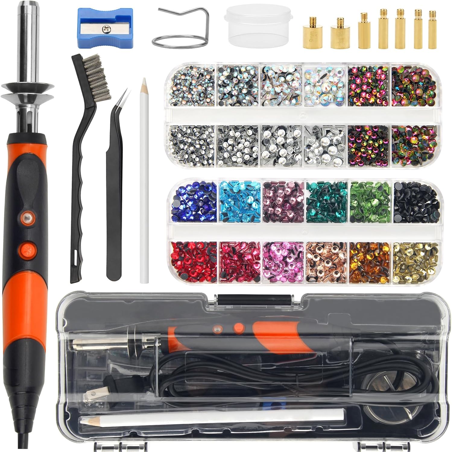 Catcan Hotfix Applicator Tool, Hotfix Rhinestones Applicator Bedazzler Kit with 2 Boxes AB Crystal Rhinestones Picker Tool, 7 Tips/Tweezers/Pencil/Brush DIY for Crafts