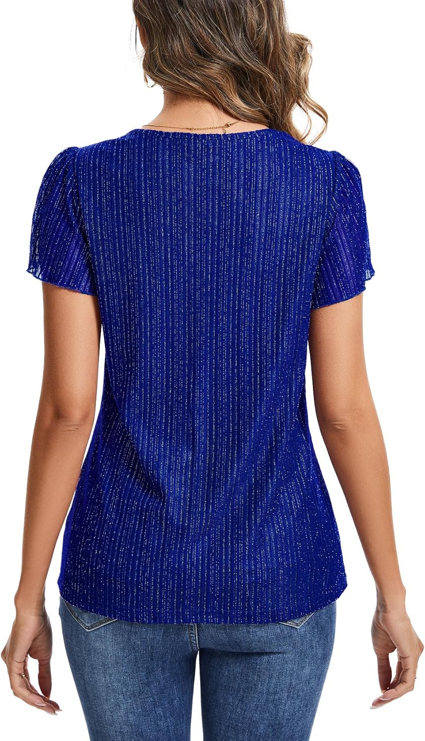 Womens Glitter Tops Short Sleeve Dressy V Neck Sparkly Casual Double Layers Shirts - Image 2