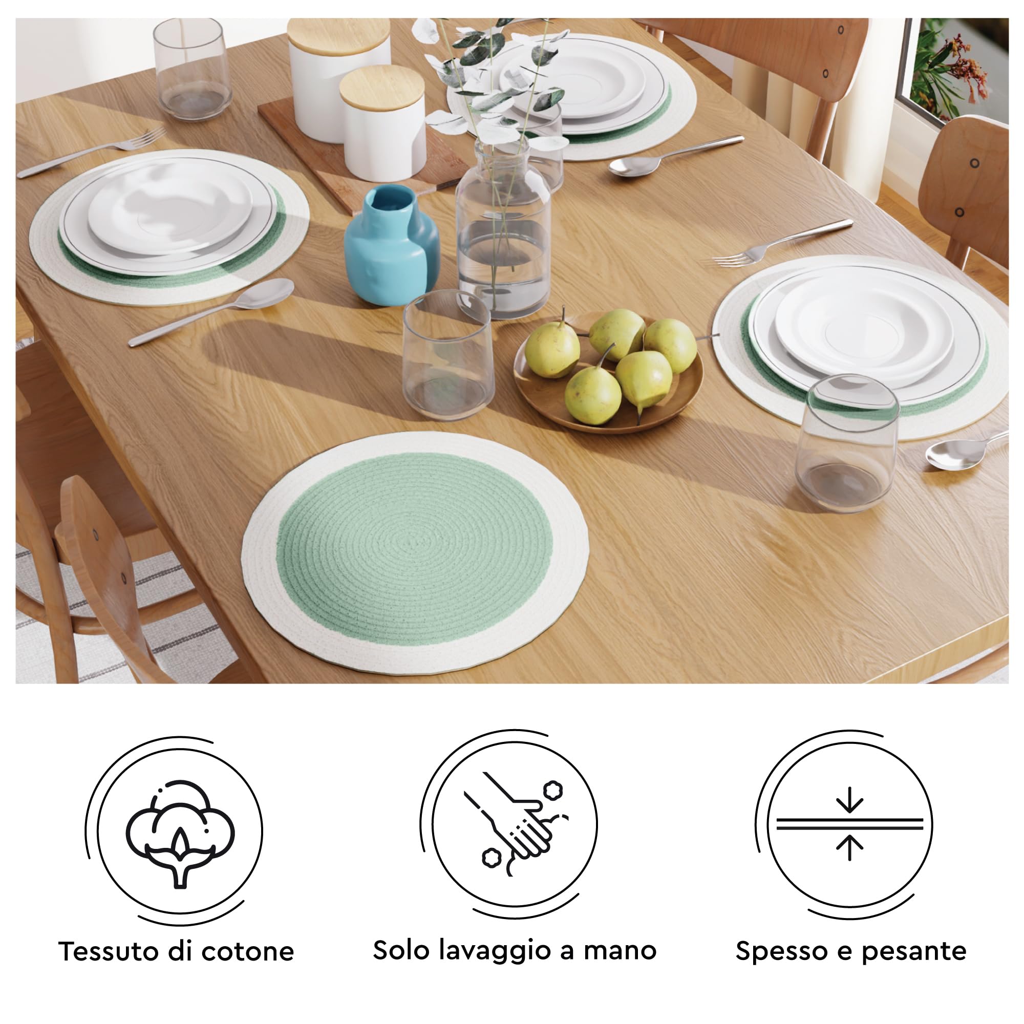 Encasa XO Sets de Table Ensemble de 4 | Sets de Table Ronds en Coton - Diamètre 33 cm | Imprimé Bleu Clair | Style Côtelé Fait à la Main Encasa XO Sets de Table Ensemble de 4 | Sets de Table Ronds en Coton - Diamètre 33 cm | Imprimé Bleu Clair | Style Côtelé Fait à la Main