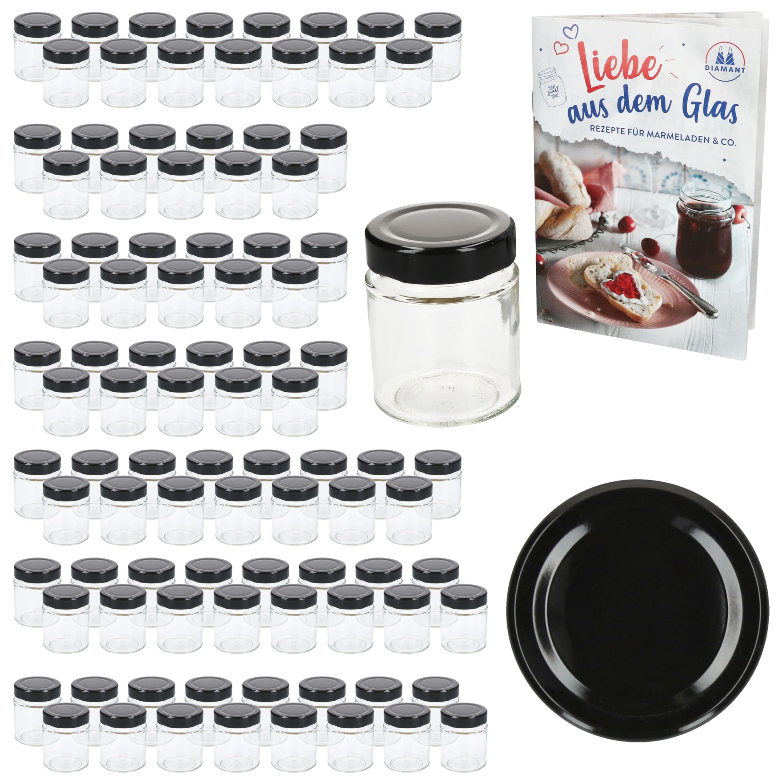 MamboCat 96er Set Marmeladenglas 161 ml mit Schraub-Deckel Schwarz I Hochrandgläser + Deep to 58 Deckel mit Diamant-Zucker-Rezept I Vorratsgläser einkochen & konservieren