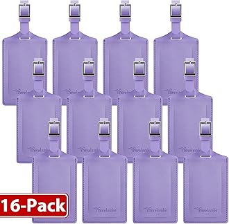 Travelambo 16 Pack Luggage Tags for Suitcases Privacy Protection Bag Tags Faux Leather Travel Accessories Essential, Classic Purple