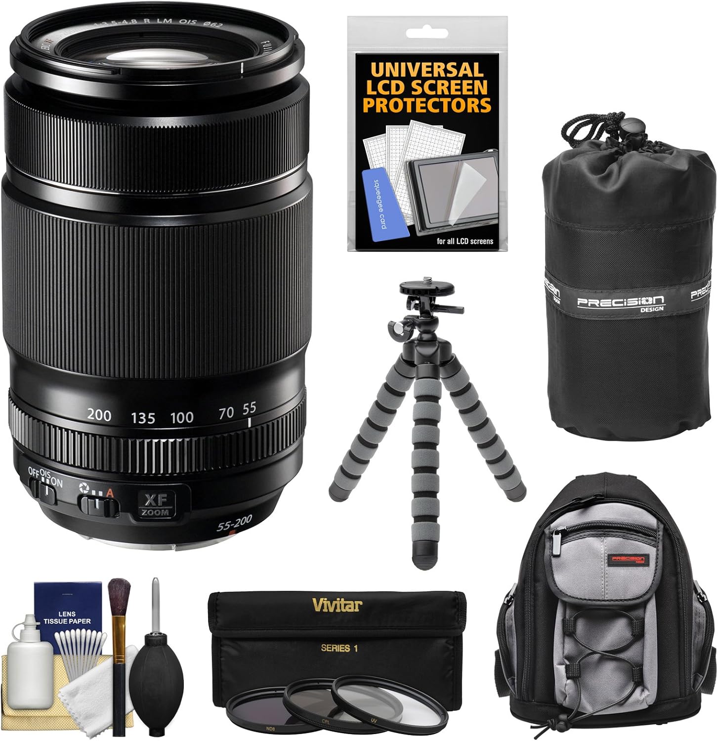 Fujifilm 55-200mm f/3.5-4.8 XF R LM OIS Zoom Lens with 3 Filters + Backpack + Tripod Kit for X-A2, X-E2, X-E2s, X-M1, X-T1, X-T10, X-Pro2 Camera