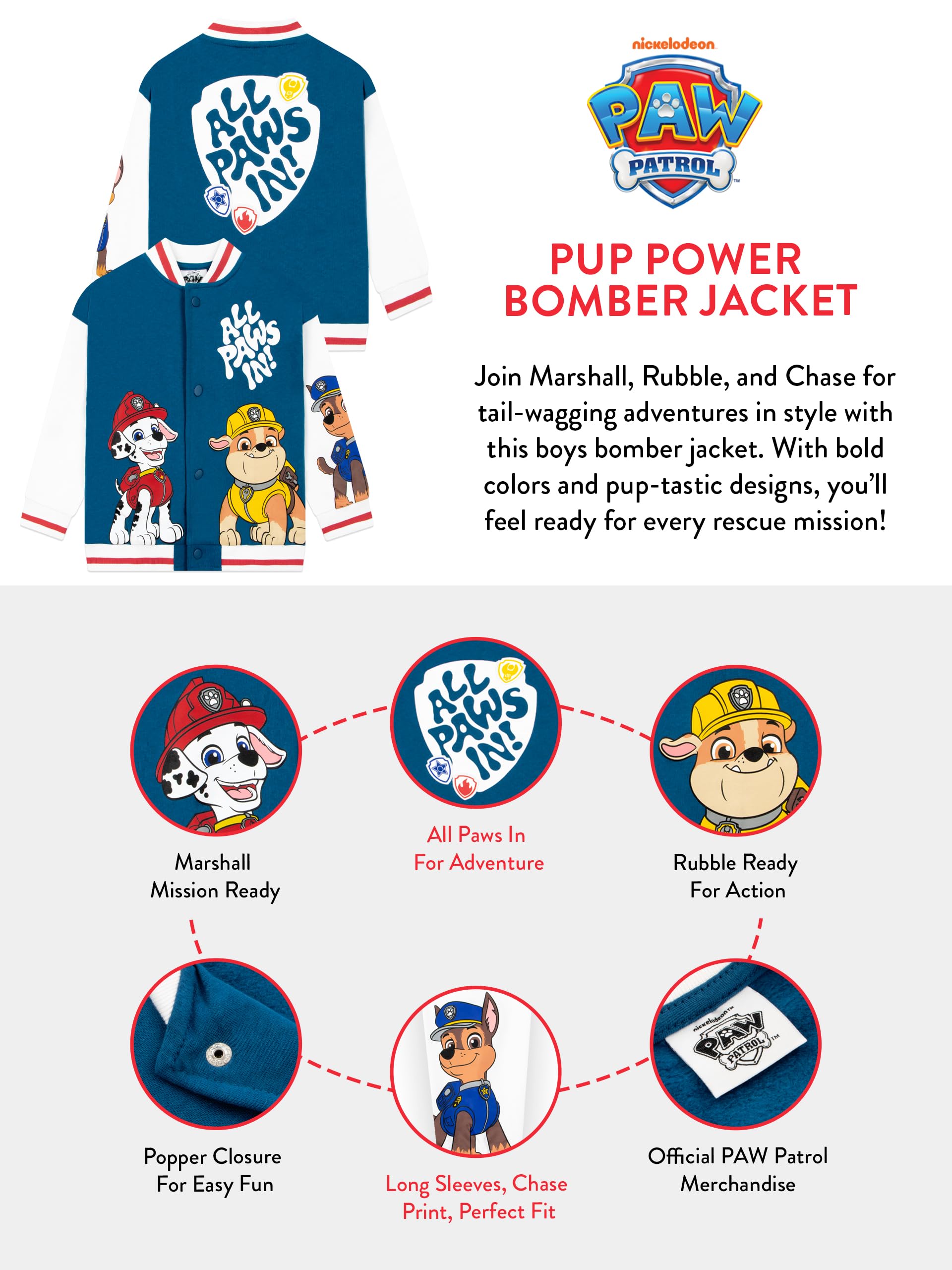 PAW Patrol Blouson Garçon Marshall Chase Rubble Veste Enfant Blouson Bombardier
