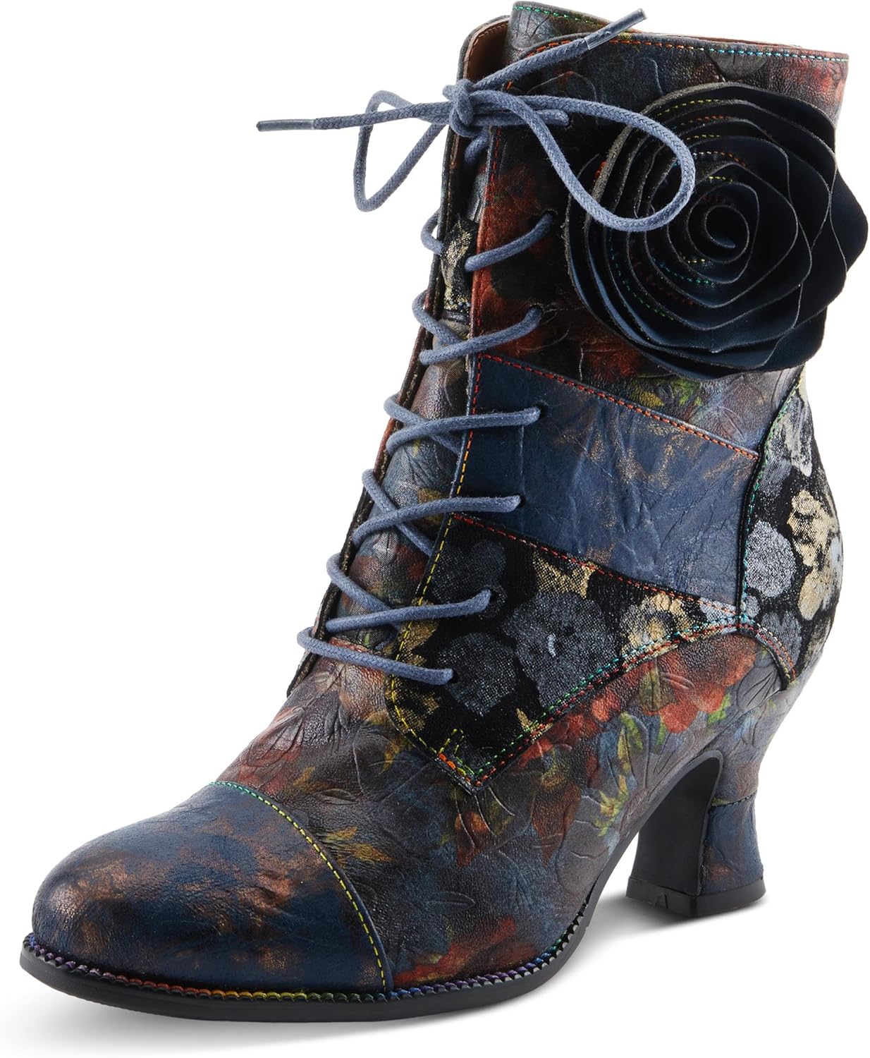 Spring Step L'Artiste Roselia-Flow Heeled Booties | Baroque-Inspired Leather Lace-Up Boots with 3D Rose Accent