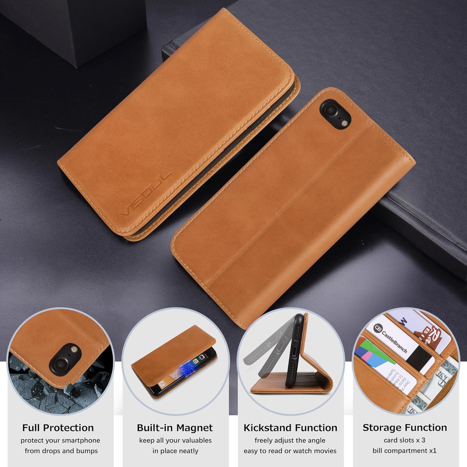 VISOUL Wallet Case for iPhone SE 3rd (2022)/SE 2nd (2020)/8/7 Folio Case, Genuine Leather Magnetic Flip Cover with Card Holder, Kickstand for iPhone 8/7/SE2/SE3 (4.7 inch)-Khaki